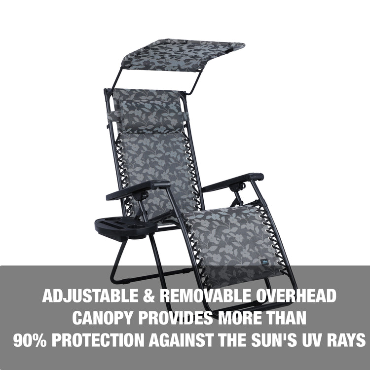 Adjustable and removeable overhead canopy provides more than 90 percent protection against the sun's UV rays.