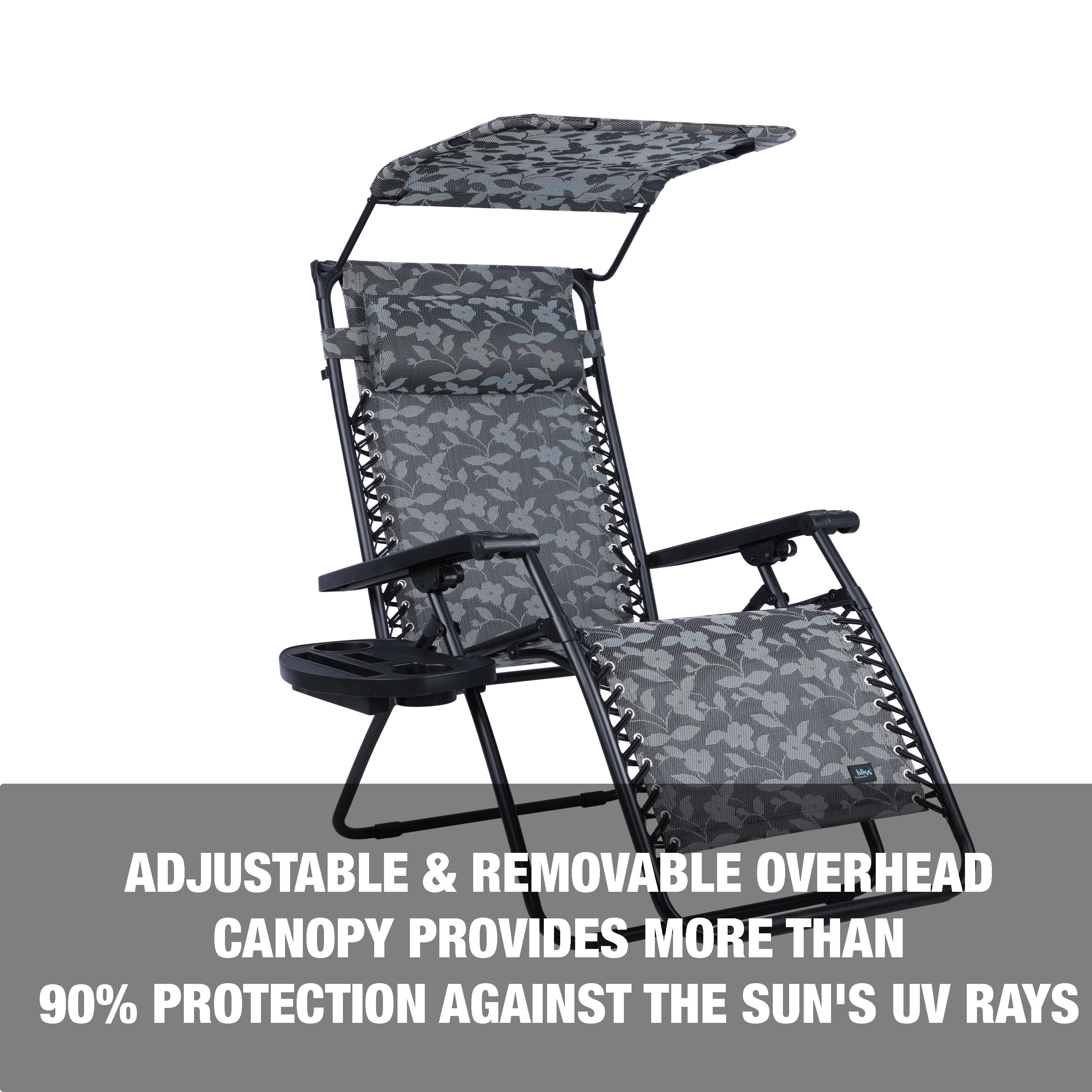 Adjustable and removable overhead canopy provides more than 90 percent protection against the sun's UV rays.