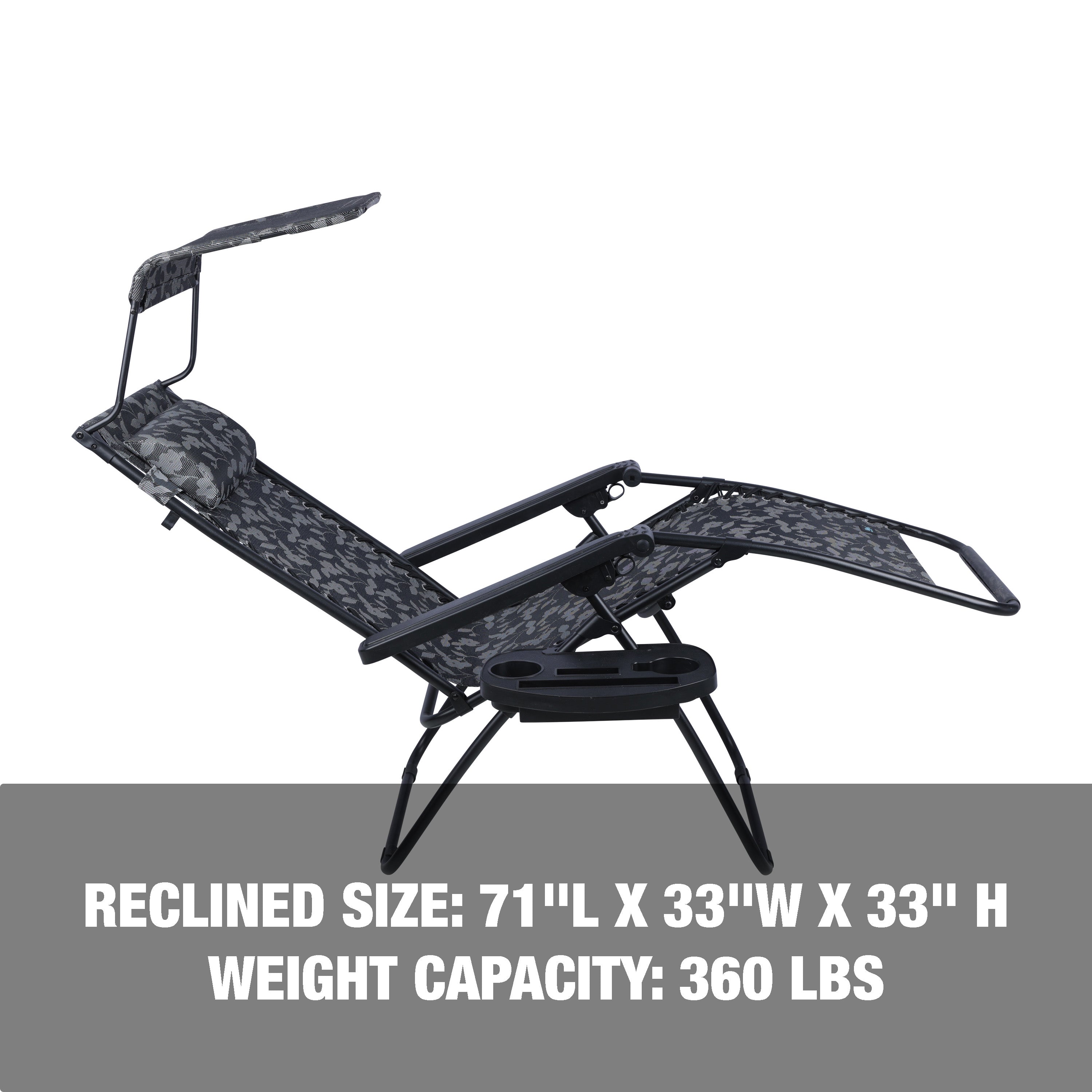 Reclined size: 71 inches long, 33 inches wide, and 33 inches high, with a weight capacity of 360 pounds.