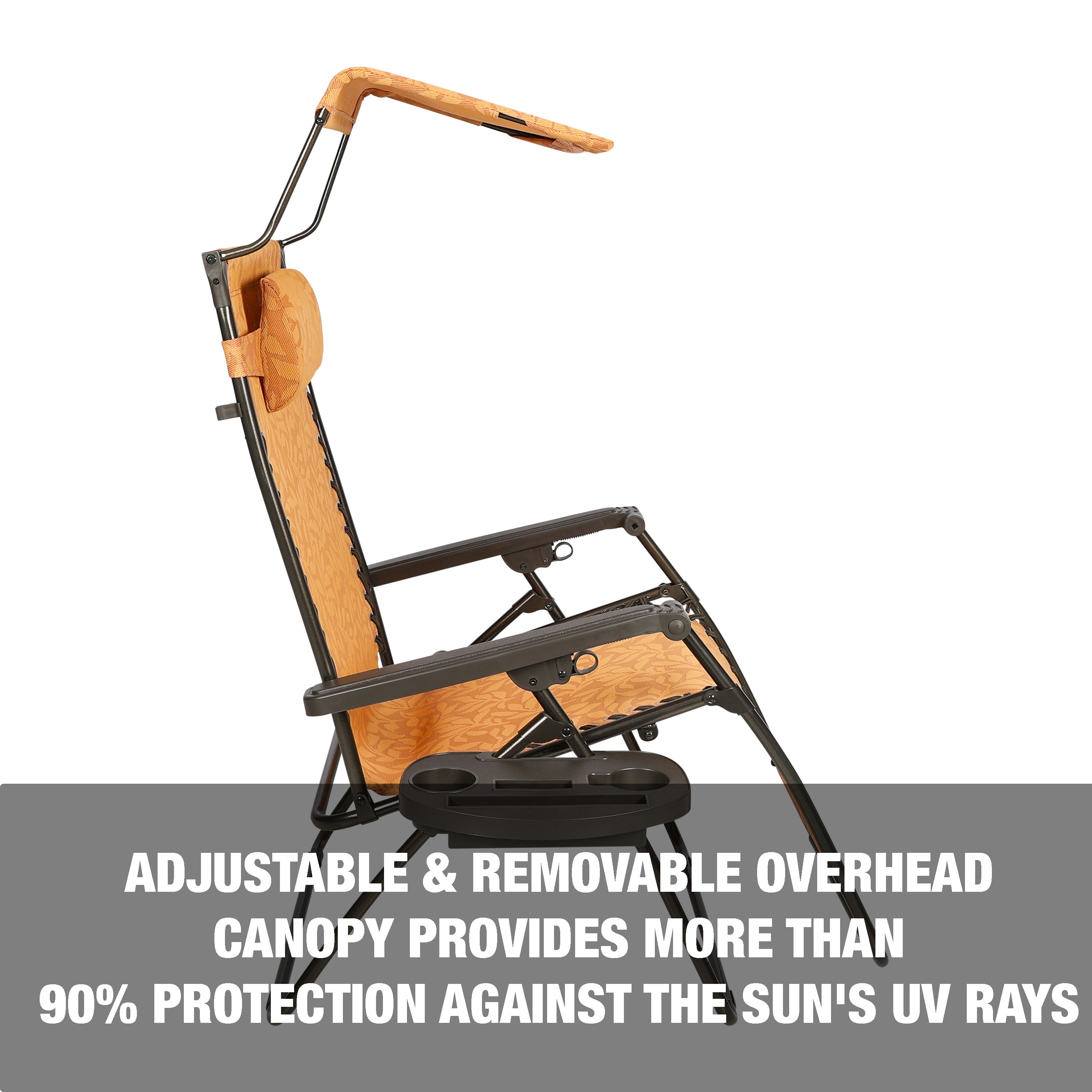 Adjustable and removeable overhead canopy provides more than 90 percent protection against the sun's UV rays.