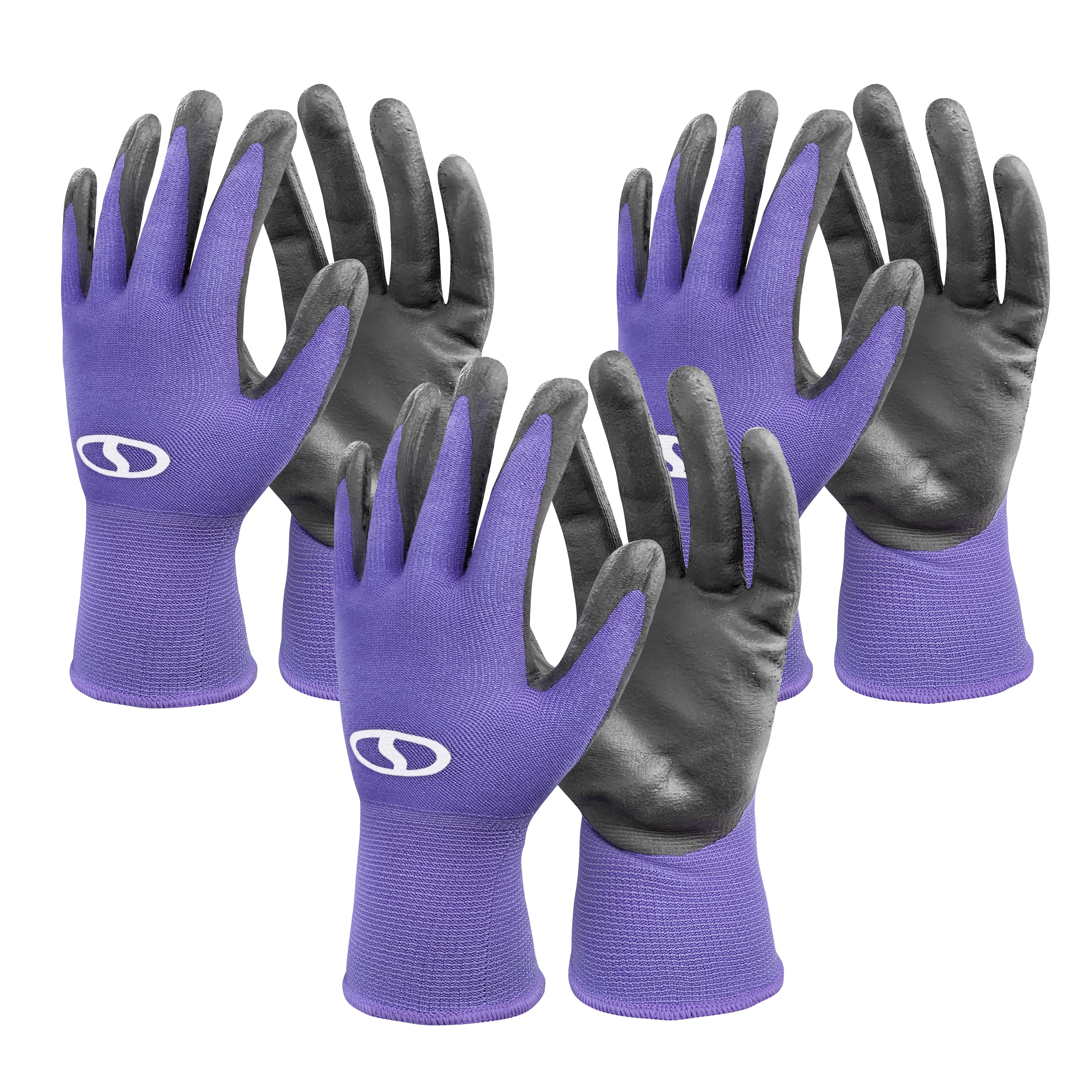 Sun Joe 3-pack of Nitrile-Palm Reusable Purple Gloves for Gardening, DIY Work, Cleaning, and More.