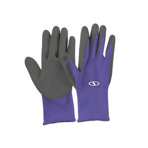 Front and back of the Sun Joe 3-pack of Nitrile-Palm Reusable Purple Gloves for Gardening, DIY Work, Cleaning, and More.