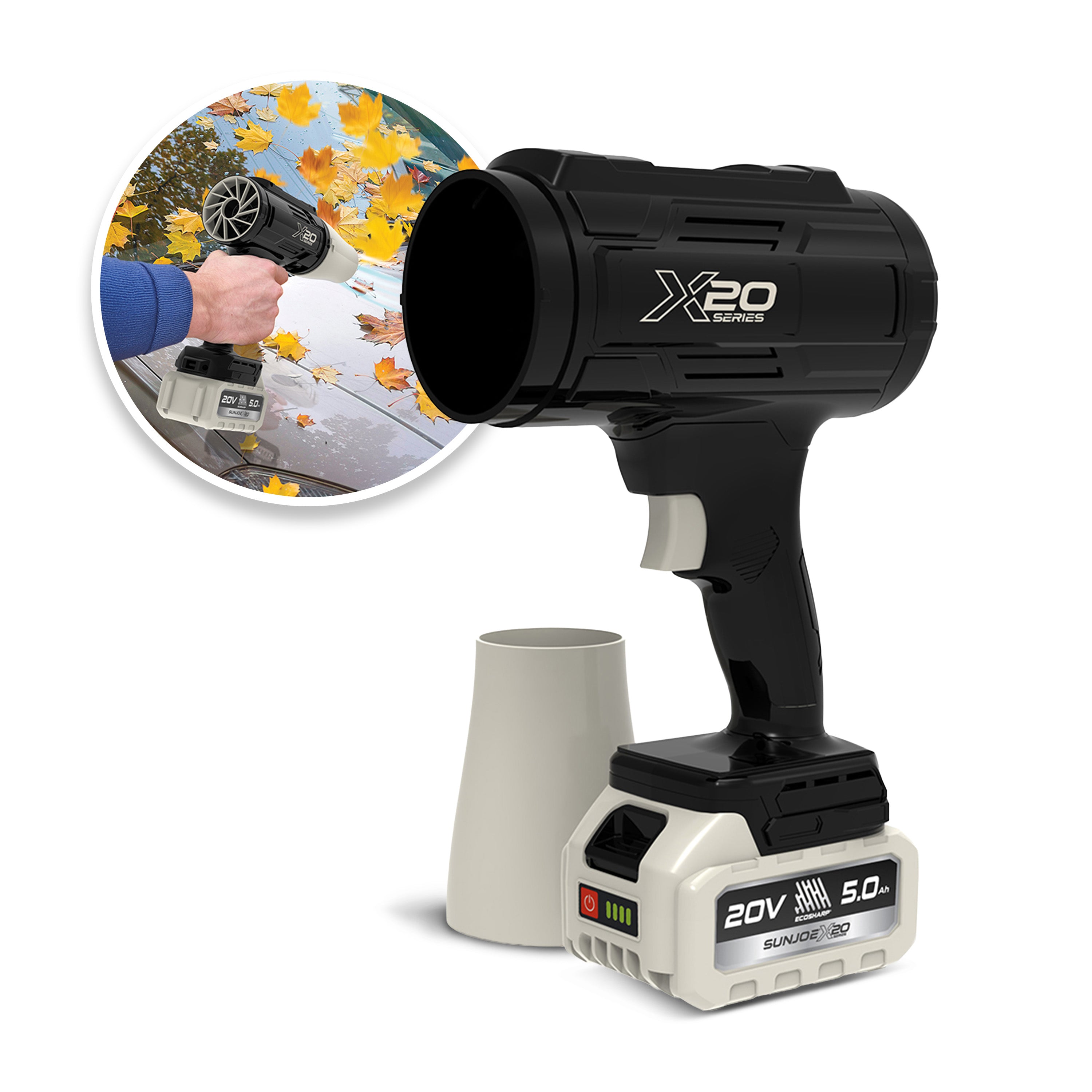 Sun Joe GO-SRMJET-5A-BLK 20-Volt ECOSHARP Cordless X20 StormJet Handheld Turbo Blower  | 40 CFM | 5.0-Ah Batteries + Charger (Black)