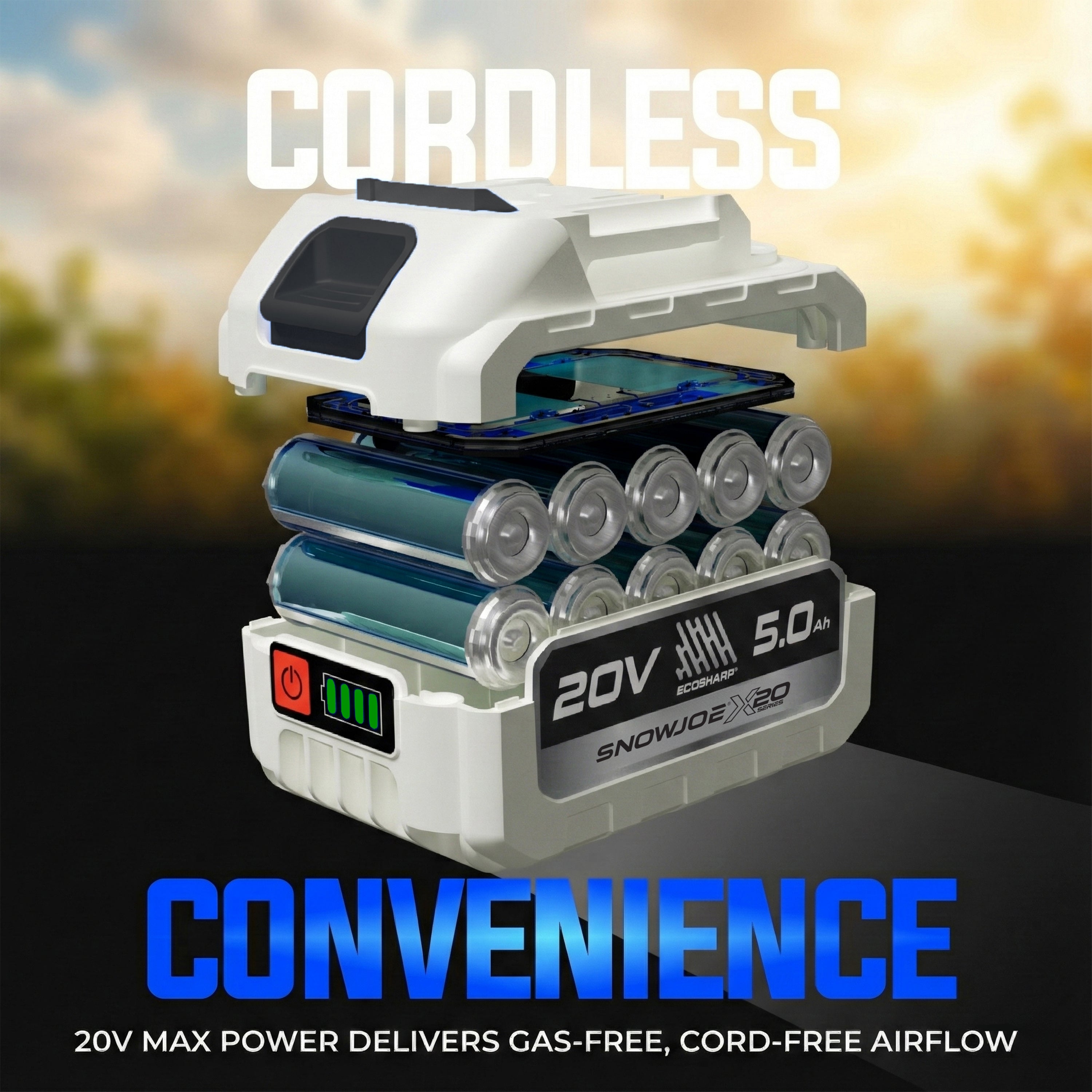 Sun Joe 20-Volt ECOSHARP Cordless X20 StormJet Handheld Turbo Blower  | 40 CFM | 5.0-Ah Battery + Charger (Red)