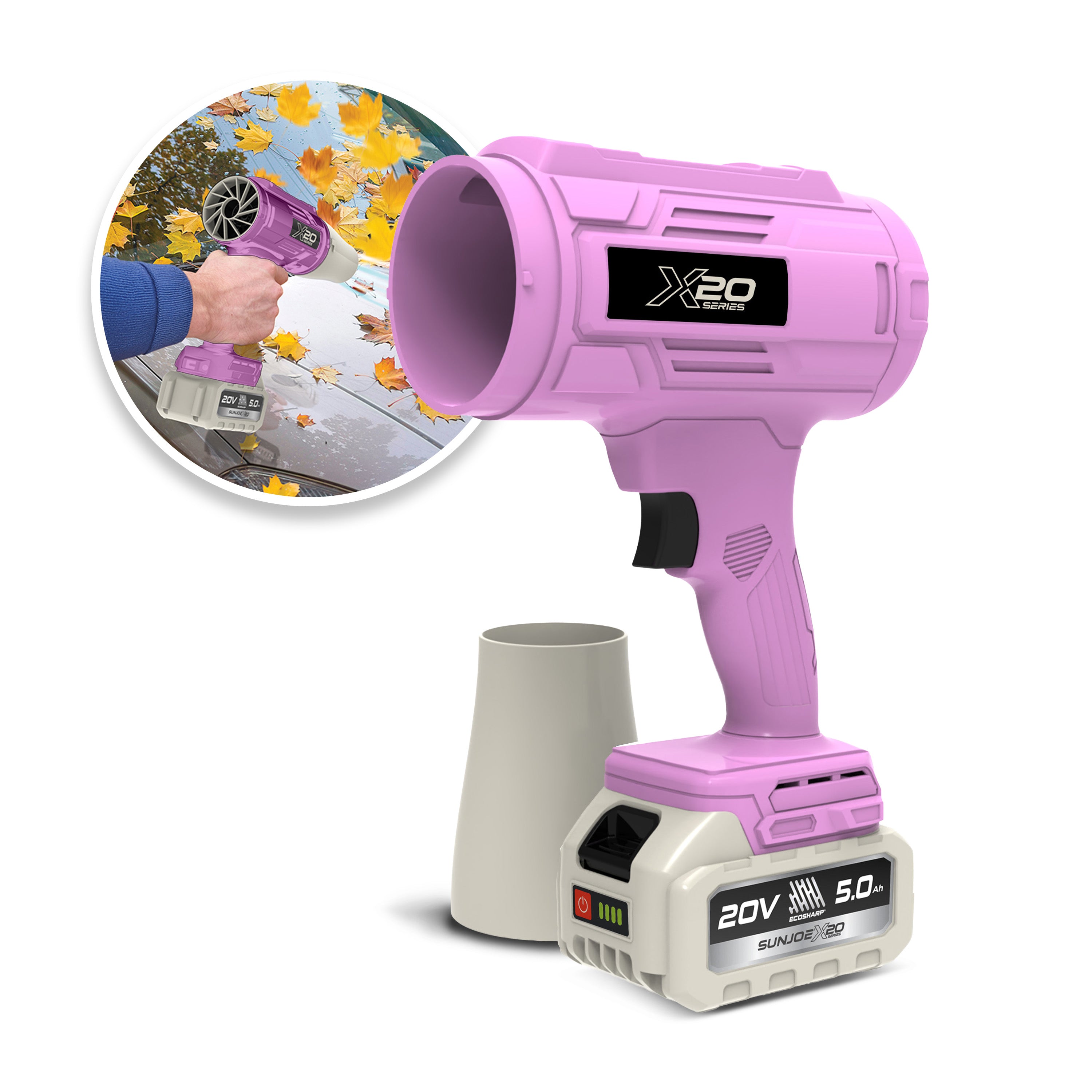Sun Joe 20-Volt ECOSHARP Cordless X20 StormJet Handheld Turbo Blower  | 40 CFM | 5.0-Ah Battery + Charger (Pink)