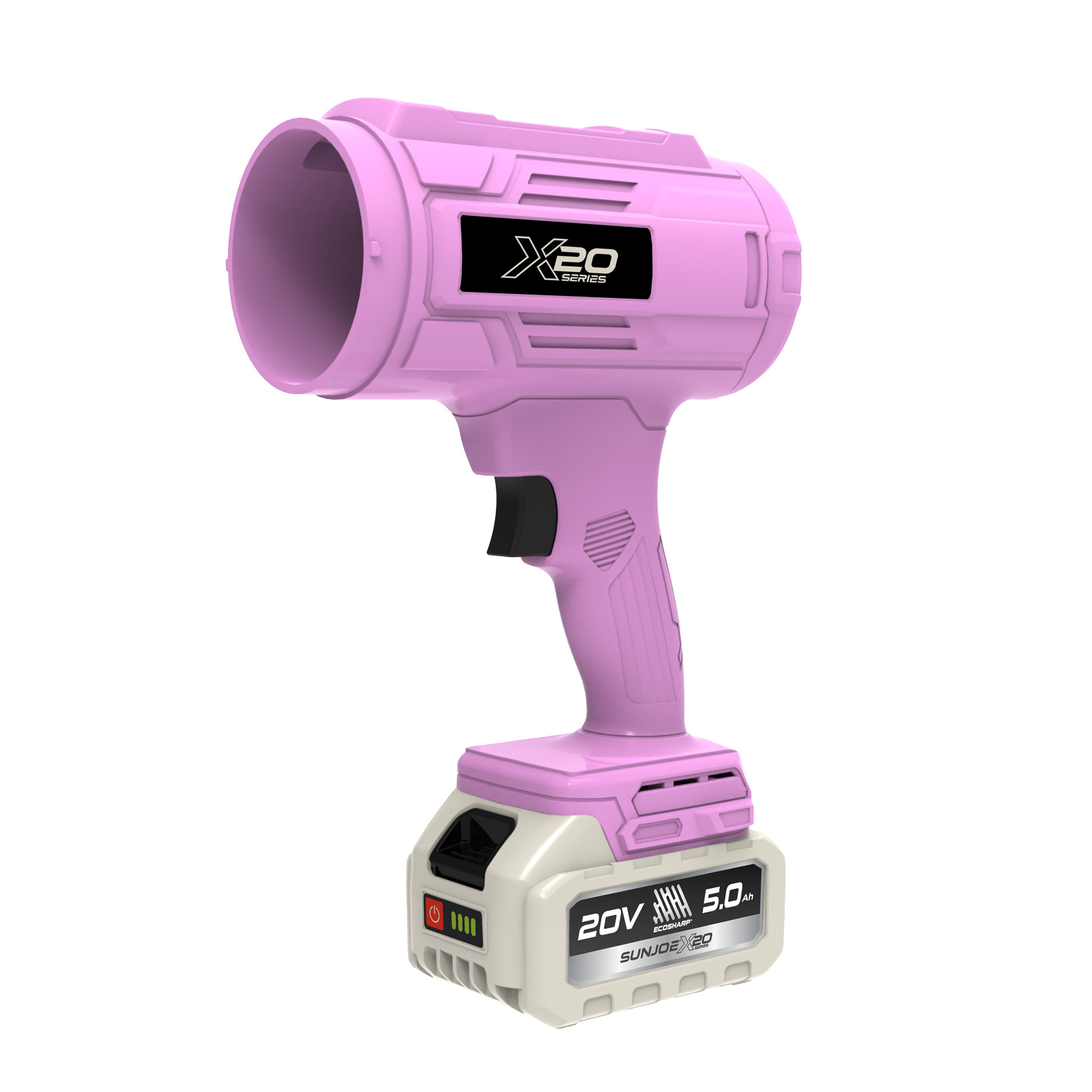 Sun Joe 20-Volt ECOSHARP Cordless X20 StormJet Handheld Turbo Blower  | 40 CFM | 5.0-Ah Battery + Charger (Pink)