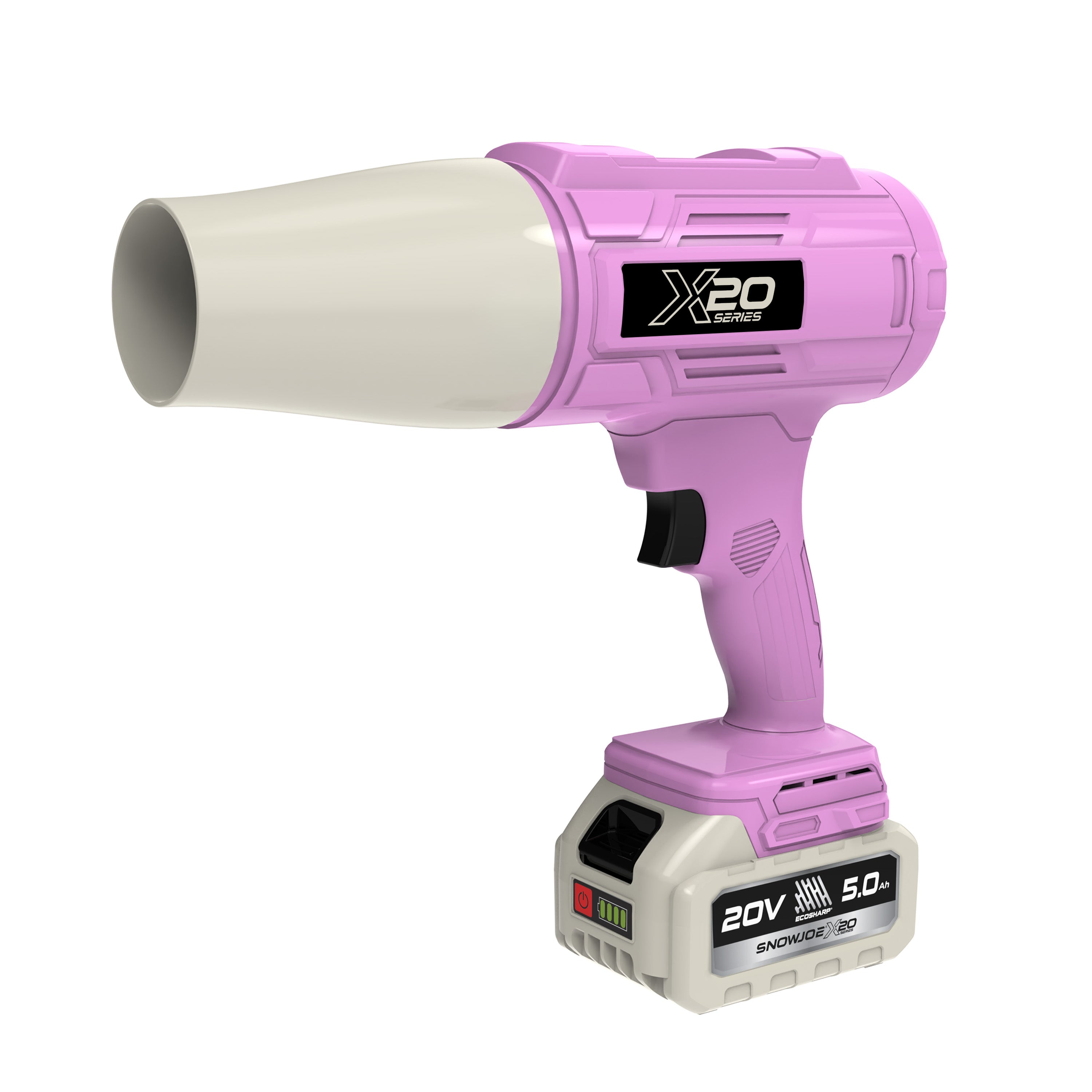Sun Joe 20-Volt ECOSHARP Cordless X20 StormJet Handheld Turbo Blower  | 40 CFM | 5.0-Ah Battery + Charger (Pink)