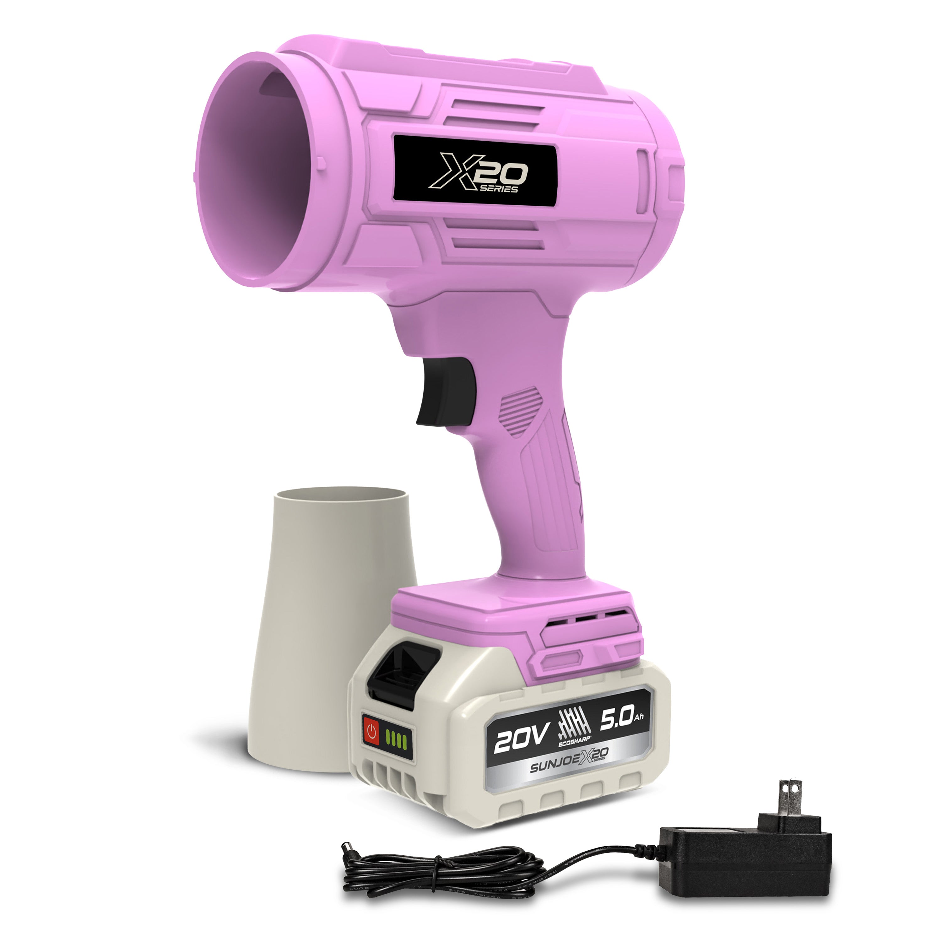Sun Joe GO-SRMJET-5A-PNK 20-Volt ECOSHARP Cordless X20 StormJet Handheld Turbo Blower  | 40 CFM | 5.0-Ah Batteries + Charger (Pink)