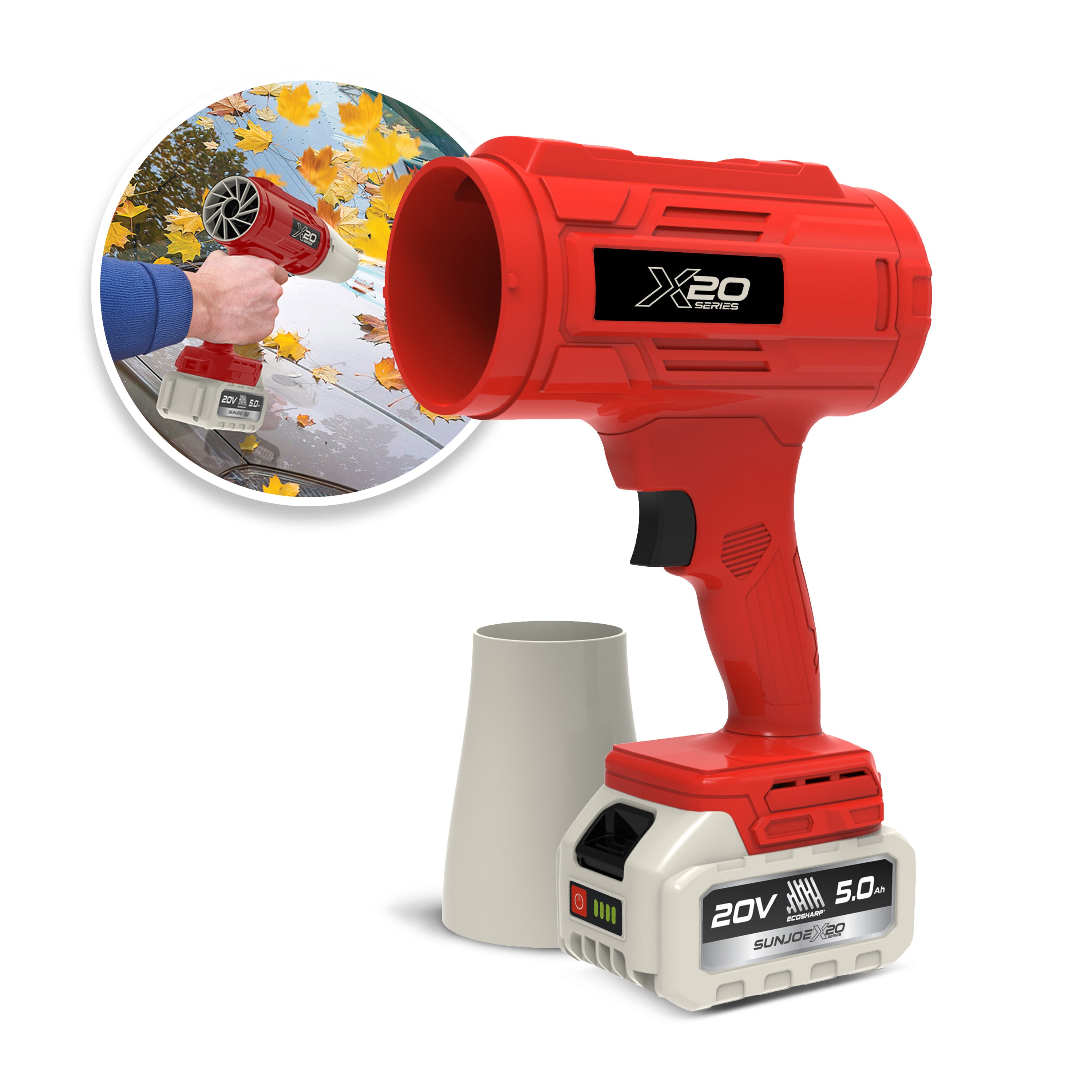 Sun Joe 20-Volt ECOSHARP Cordless X20 StormJet Handheld Turbo Blower  | 40 CFM | 5.0-Ah Battery + Charger (Red)