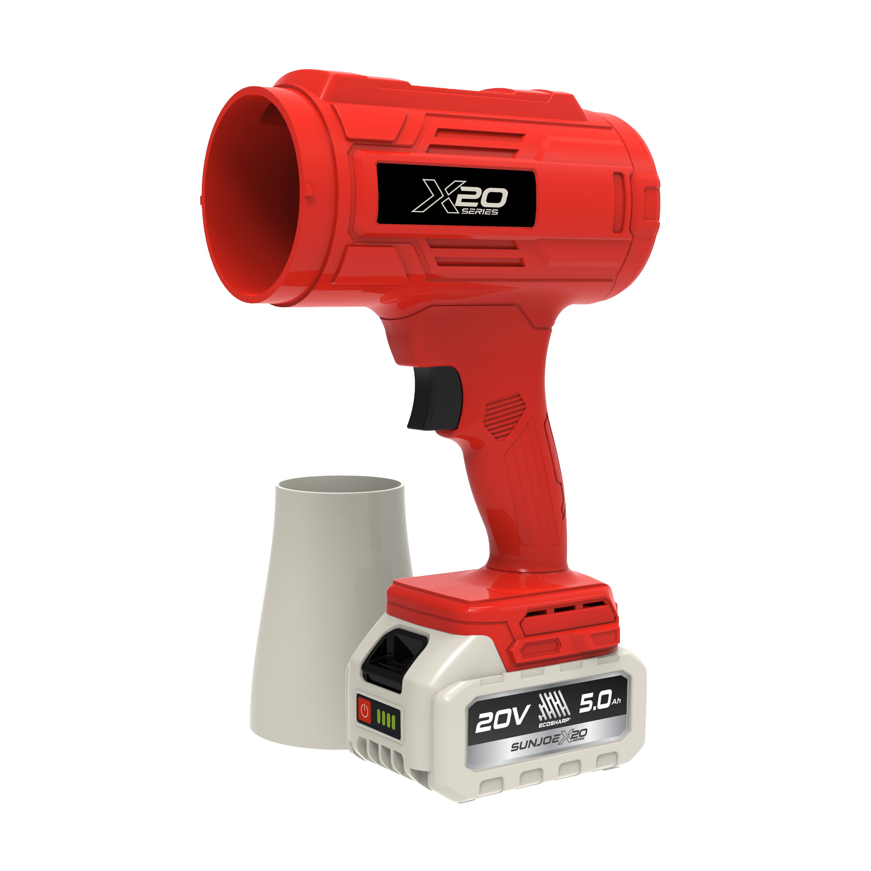 Sun Joe GO-SRMJET-5A-RED 20-Volt ECOSHARP Cordless X20 StormJet Handheld Turbo Blower  | 40 CFM | 5.0-Ah Batteries + Charger (Red)