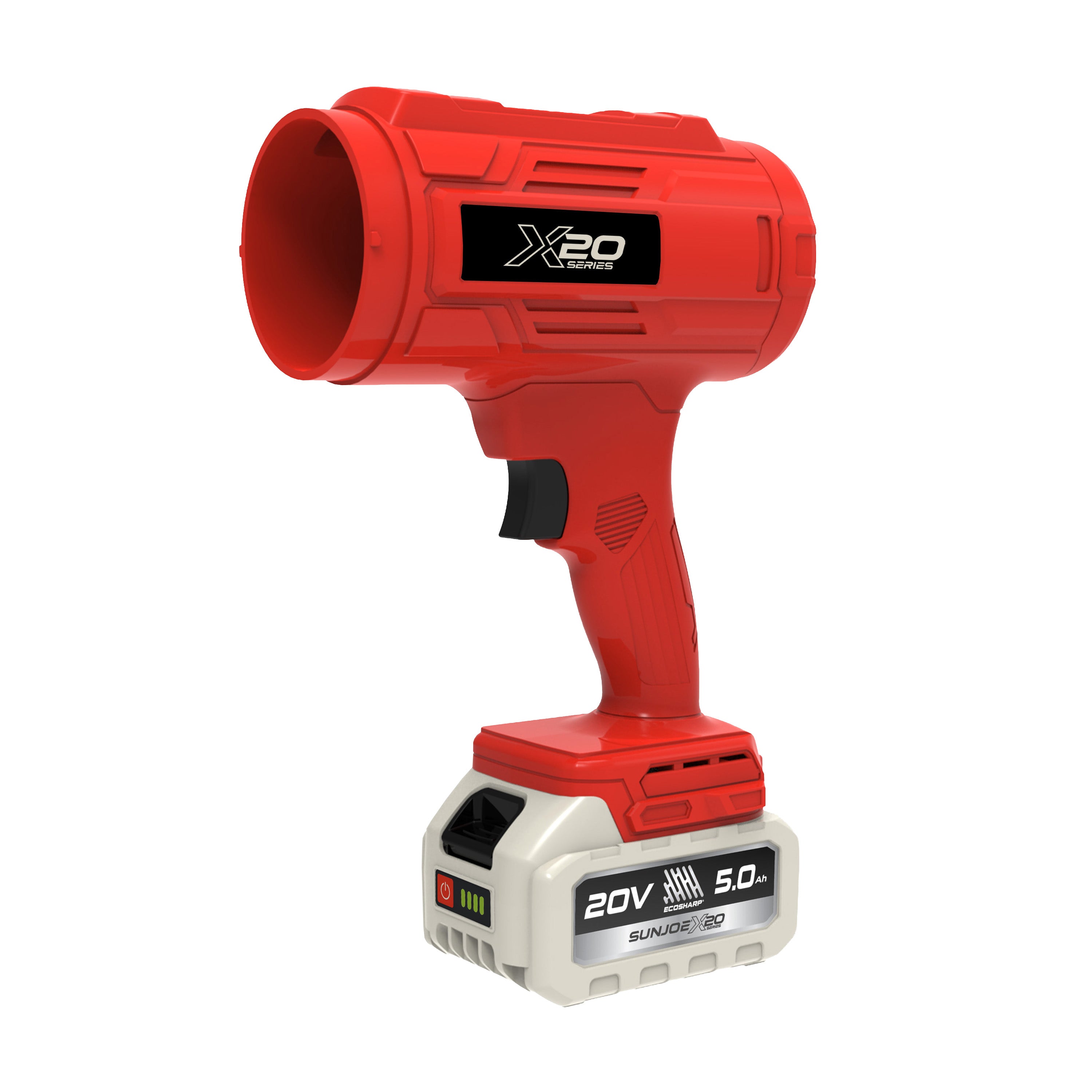 Sun Joe 20-Volt ECOSHARP Cordless X20 StormJet Handheld Turbo Blower  | 40 CFM | 5.0-Ah Battery + Charger (Red)