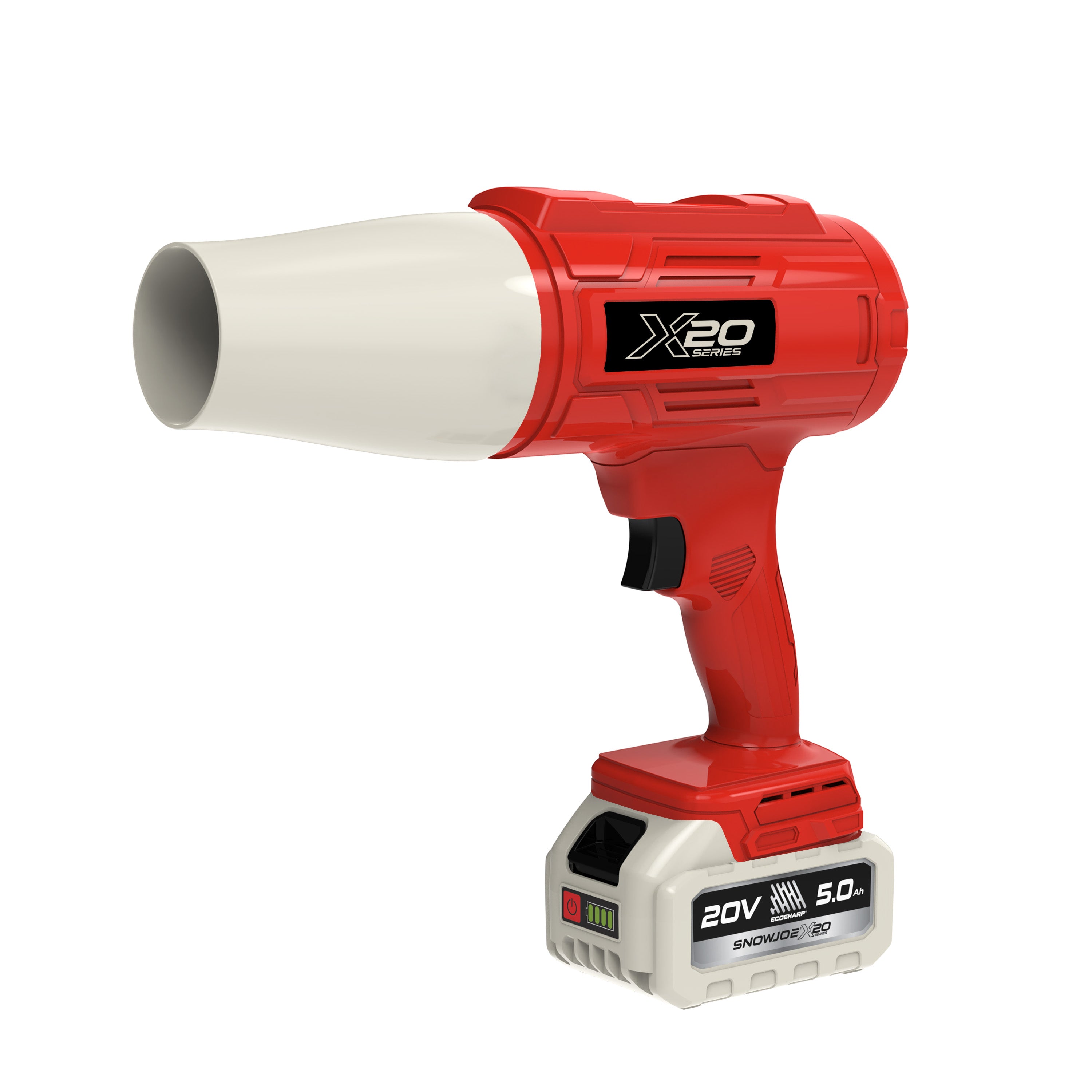 Sun Joe 20-Volt ECOSHARP Cordless X20 StormJet Handheld Turbo Blower  | 40 CFM | 5.0-Ah Battery + Charger (Red)