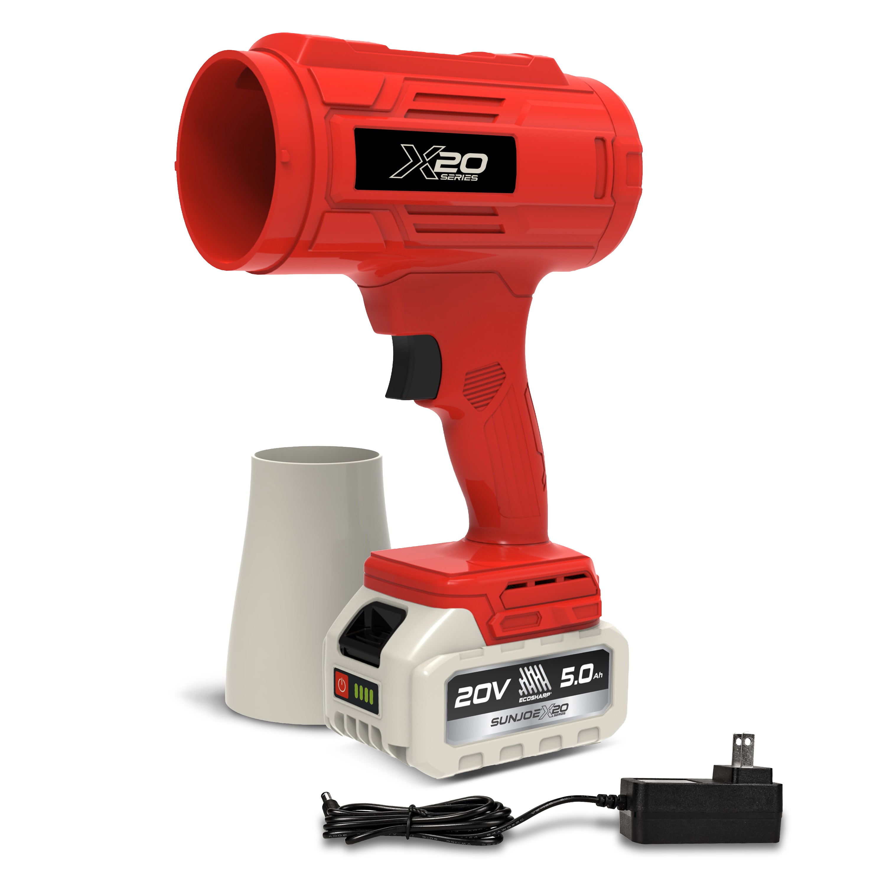 Sun Joe 20-Volt ECOSHARP Cordless X20 StormJet Handheld Turbo Blower  | 40 CFM | 5.0-Ah Battery + Charger (Red)
