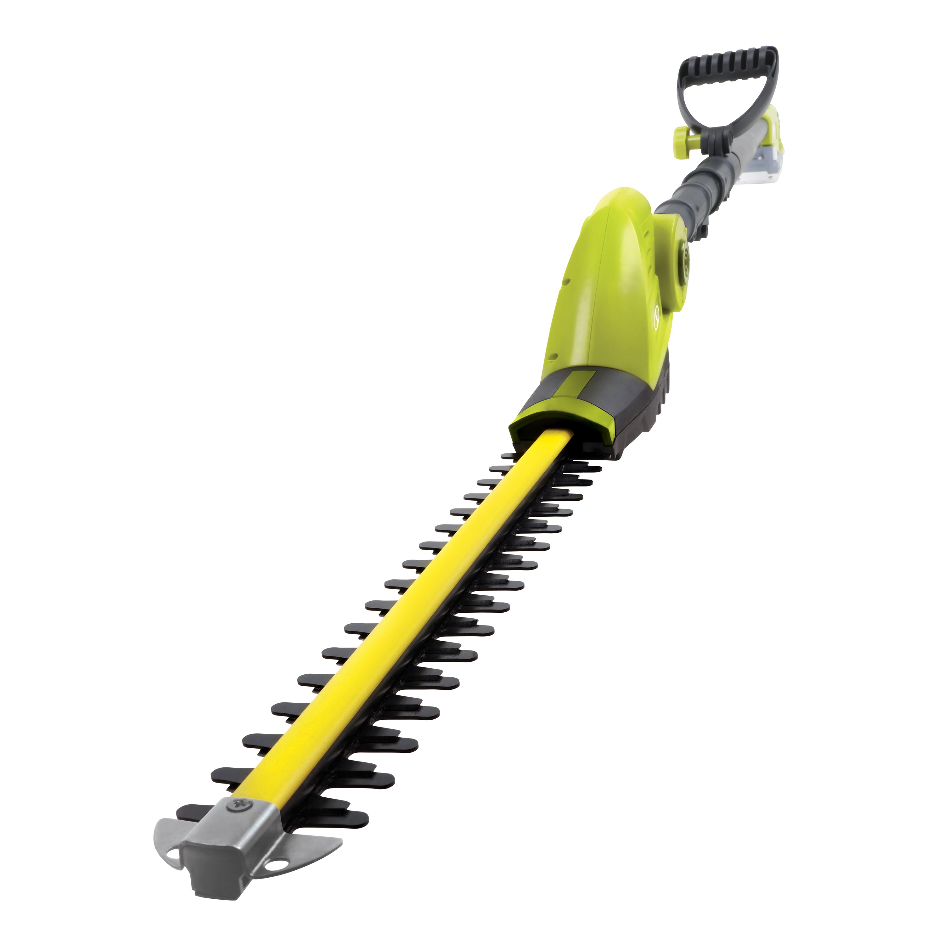 Front-Angled view of the Sun Joe 24-Volt cordless 3-in-1 yard solution kit with the hedge trimmer attachment.