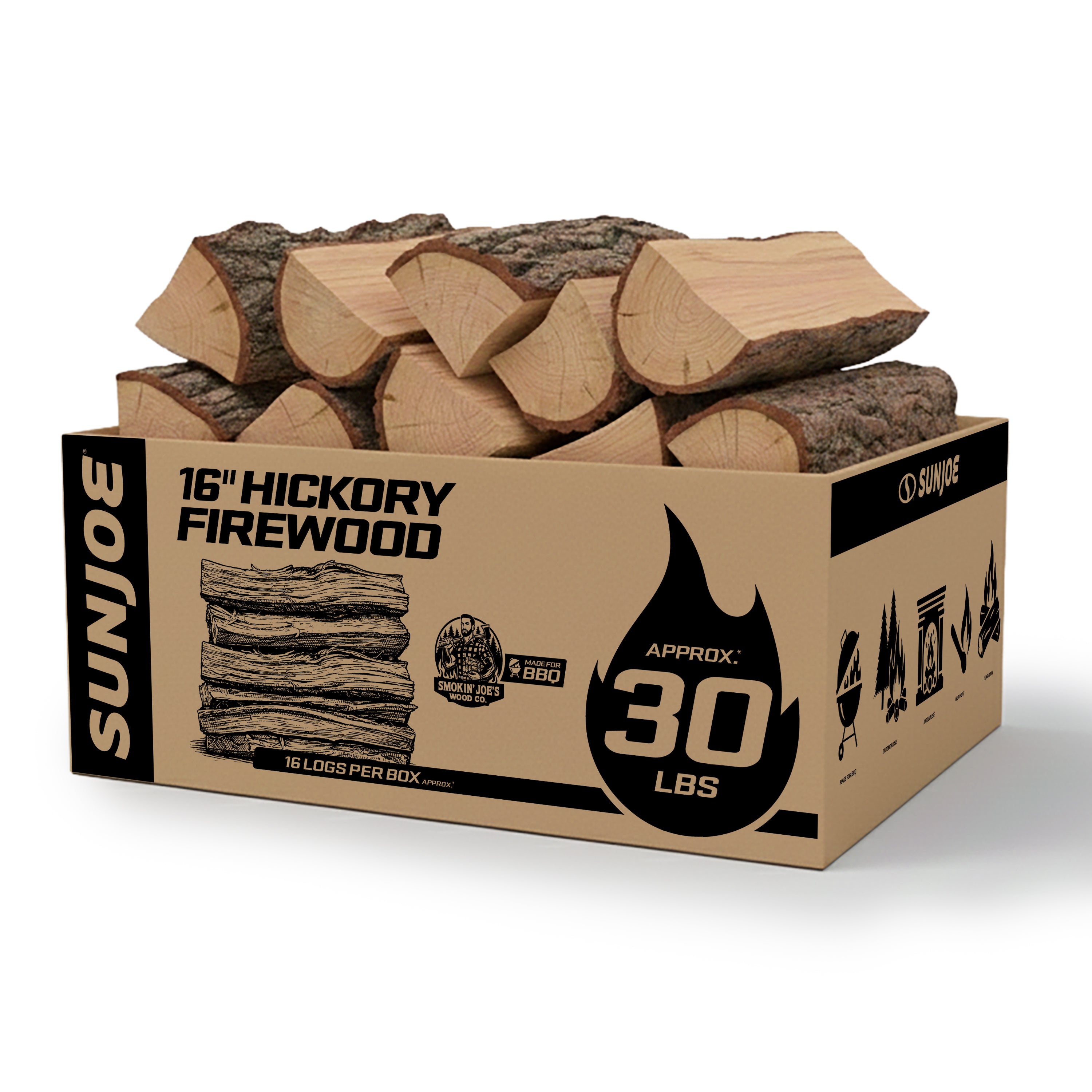 Sun Joe 16'' Hickory Firewood | 100% Natural Kiln-Dried for Fireplaces, Campfires, Wood Stoves, Fire Pits & Grills | 30-Lb. Box