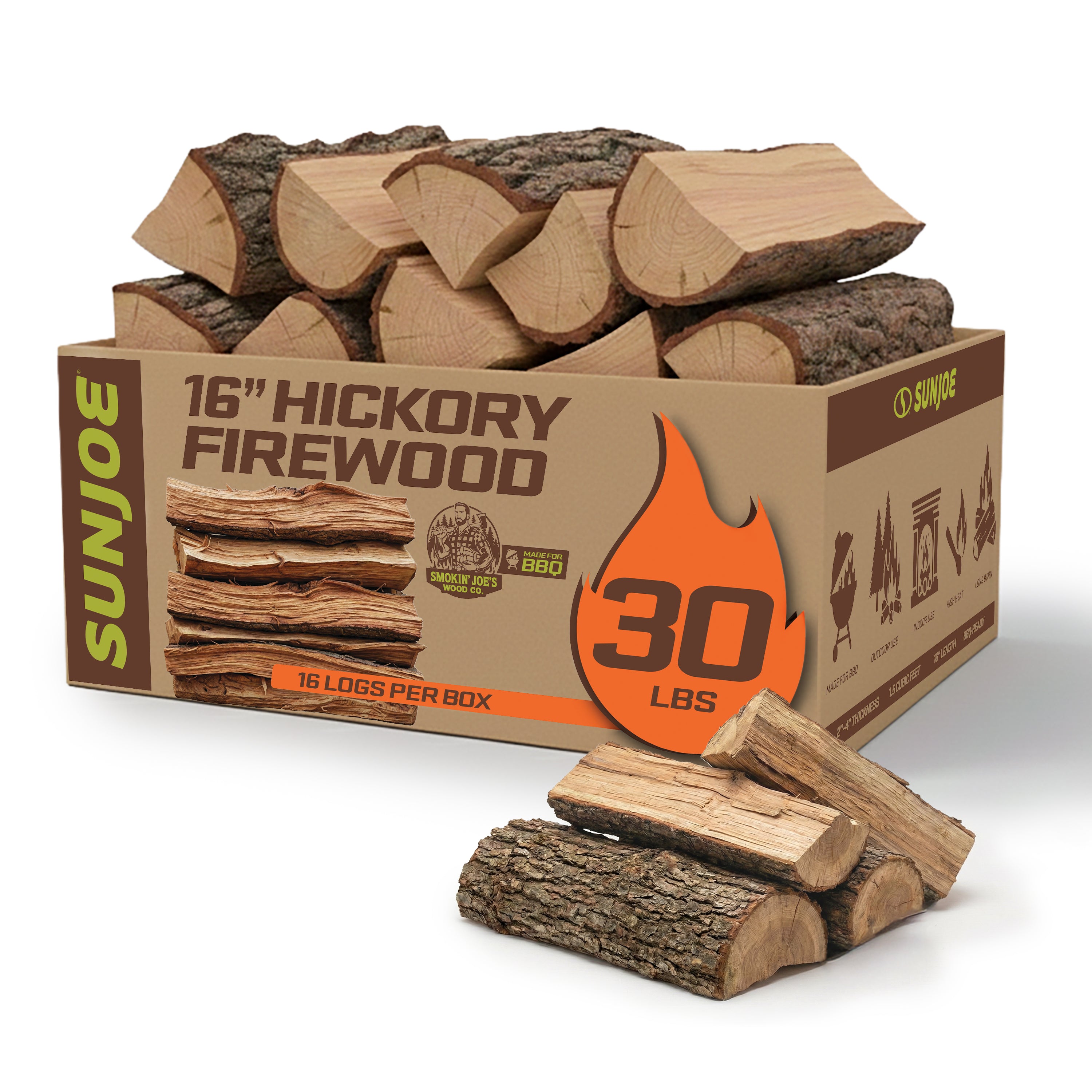 Sun Joe 16'' Hickory Firewood | 100% Natural Kiln-Dried for Fireplaces, Campfires, Wood Stoves, Fire Pits & Grills | 30-Lb. Box