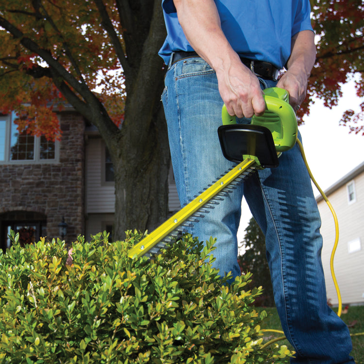 Sun Joe 3.5-amp 22-inch Electric Hedge Trimmer cutting a small bush.