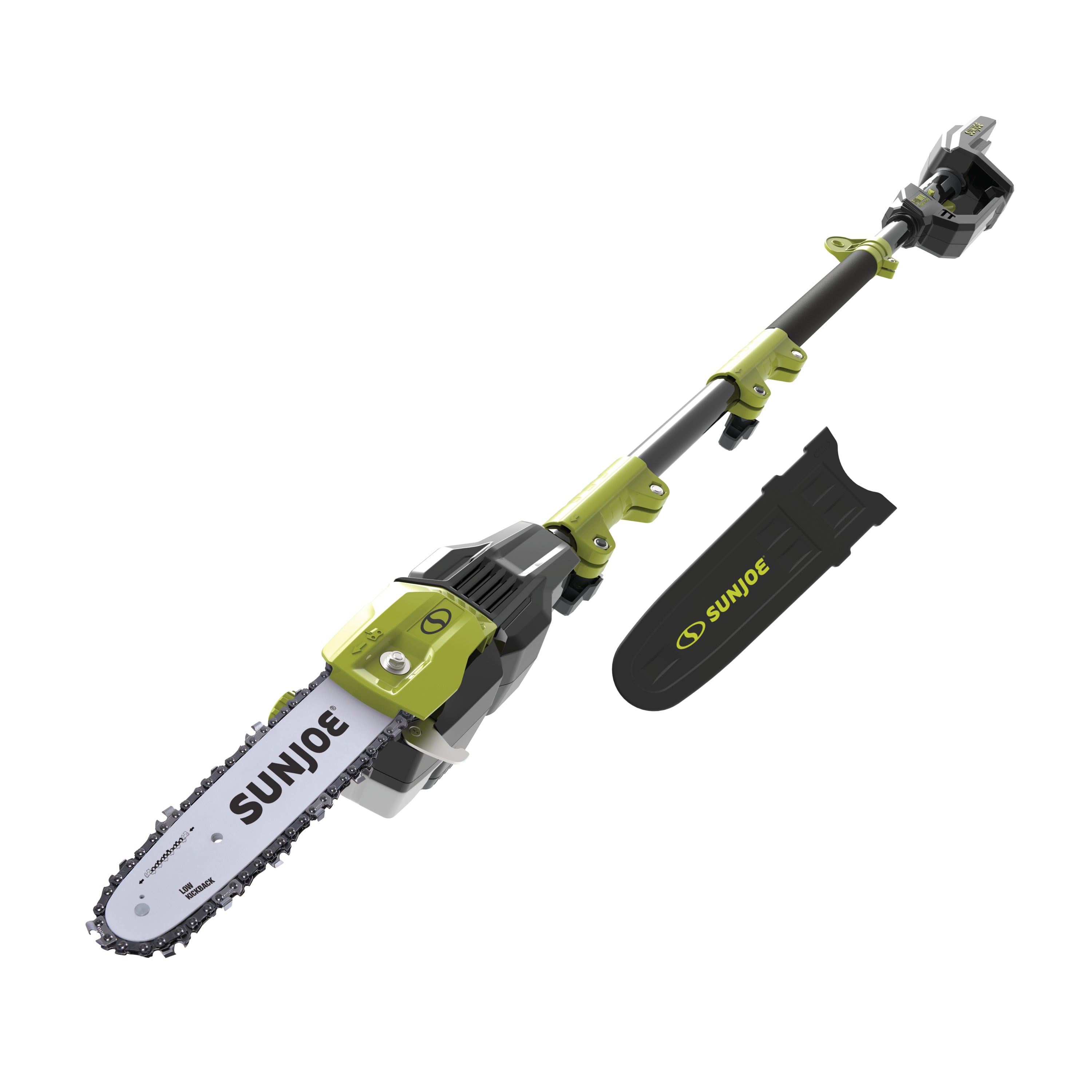 Sun Joe 100-volt 10-inch Cordless Modular Pole Chain Saw Kit with blade cover.