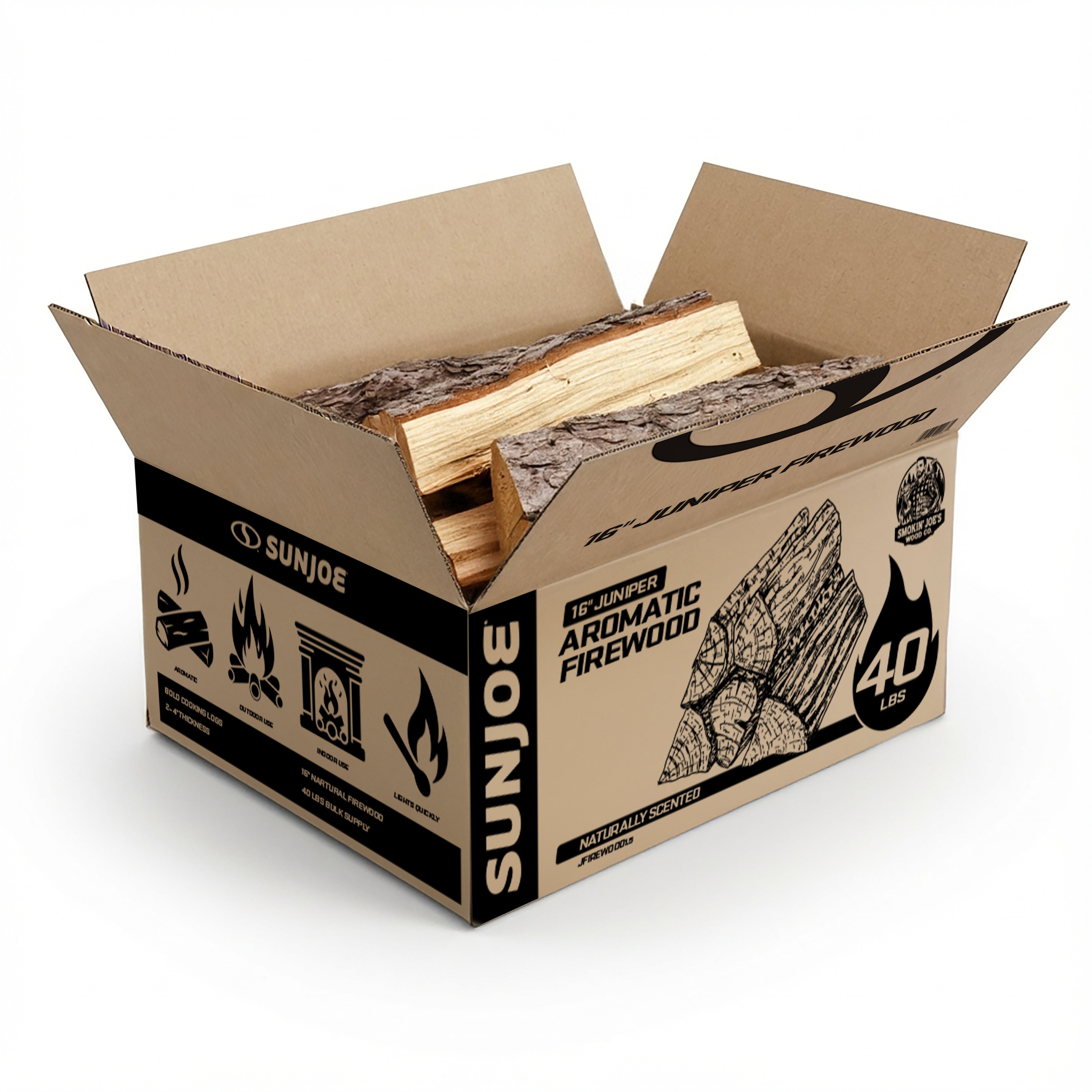 Sun Joe Aromatic Firewood | 16'' Juniper for Fireplaces, Campfires, Wood Stoves, Fire Pits & Grills | 40 Lbs.