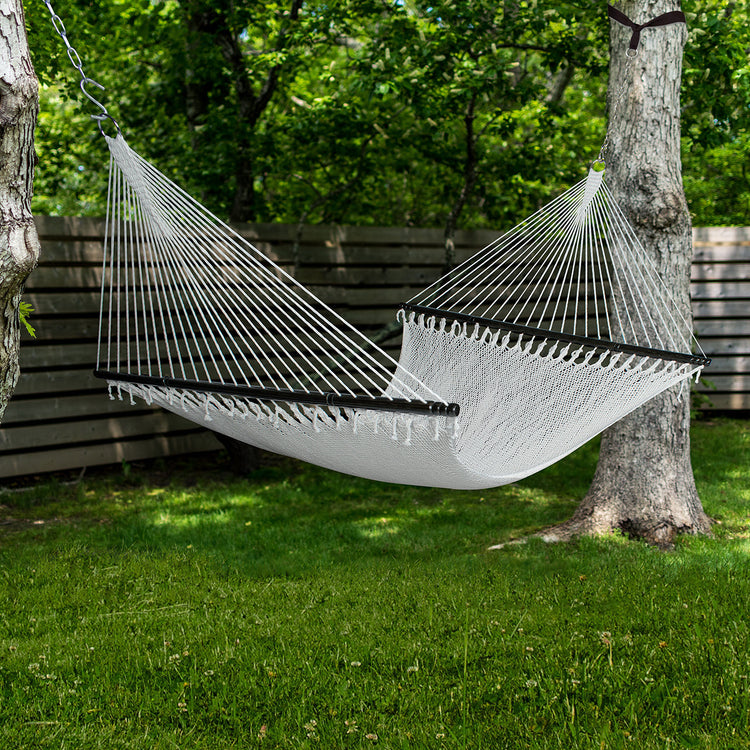 Bliss Hammocks 55-inch Wide 2-Person Weekender Deluxe Hammock hung between two trees.