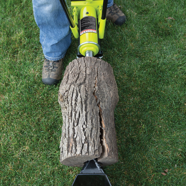 Top view of the Sun Joe 10-ton Hydraulic Log Splitter being using to split a log.