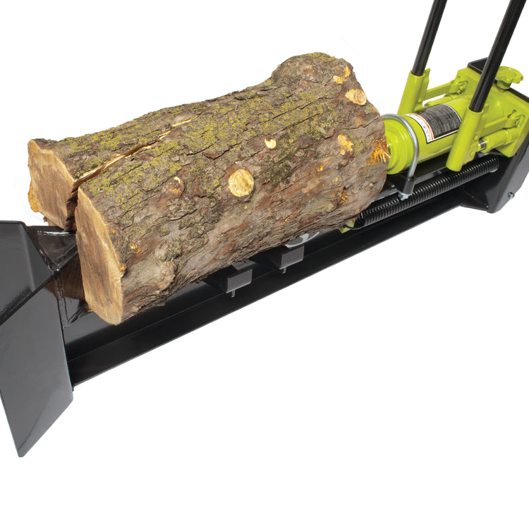 Top-angled view of the Sun Joe 10-ton Hydraulic Log Splitter with log on it.