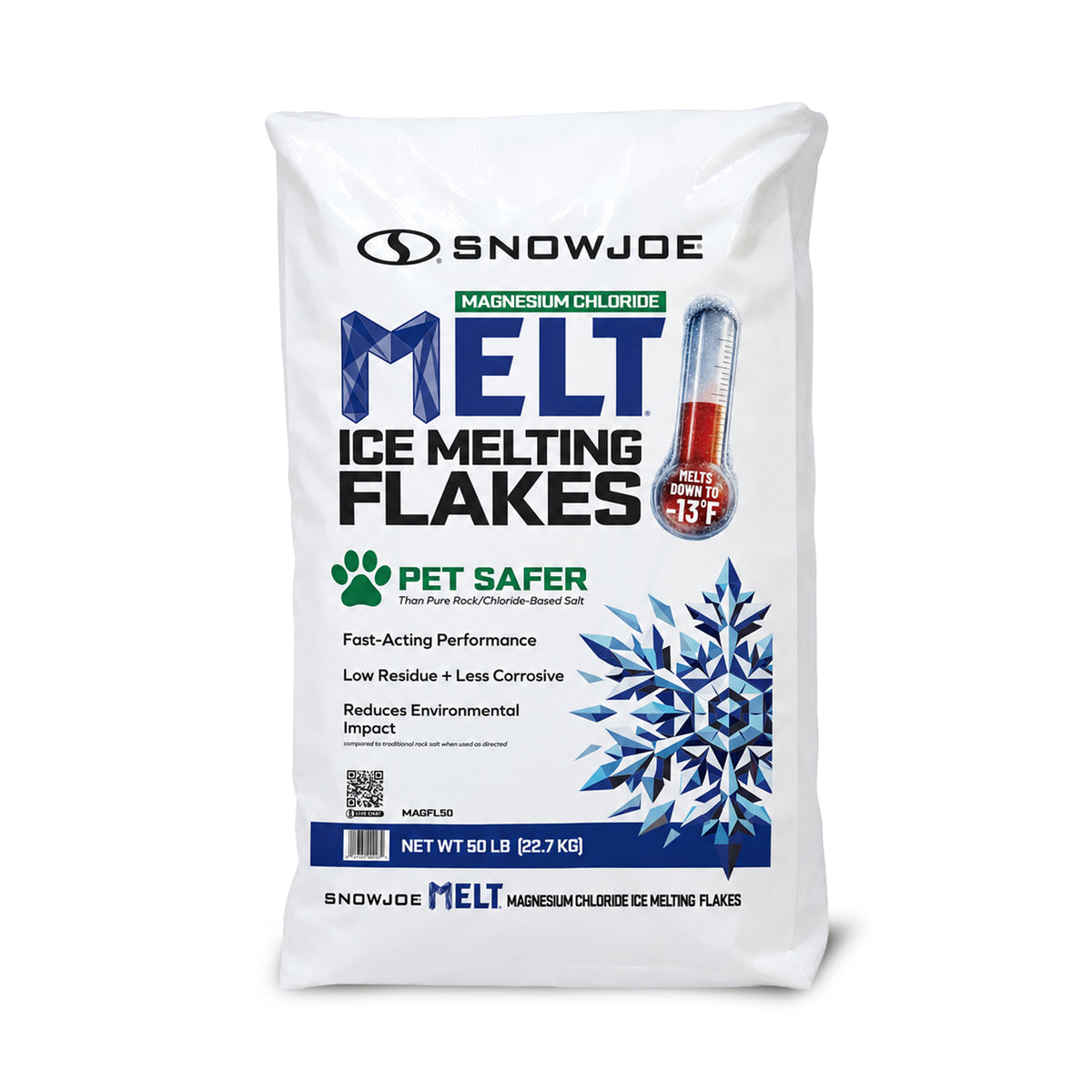 Front view of the 50-pound MAGFL50 ice melting flakes bag
