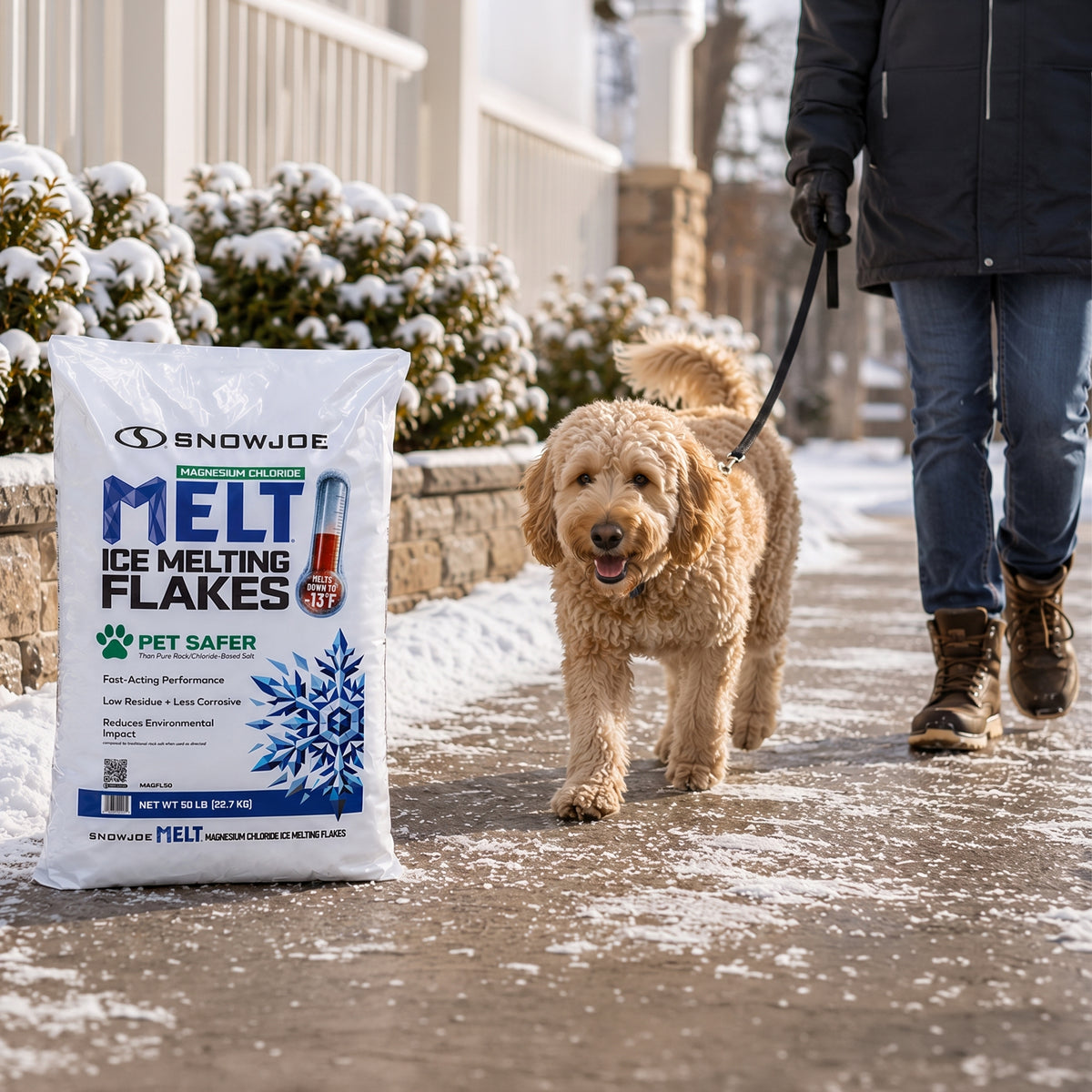 MAGFL50 bag beside a dog on a cleared winter walkway