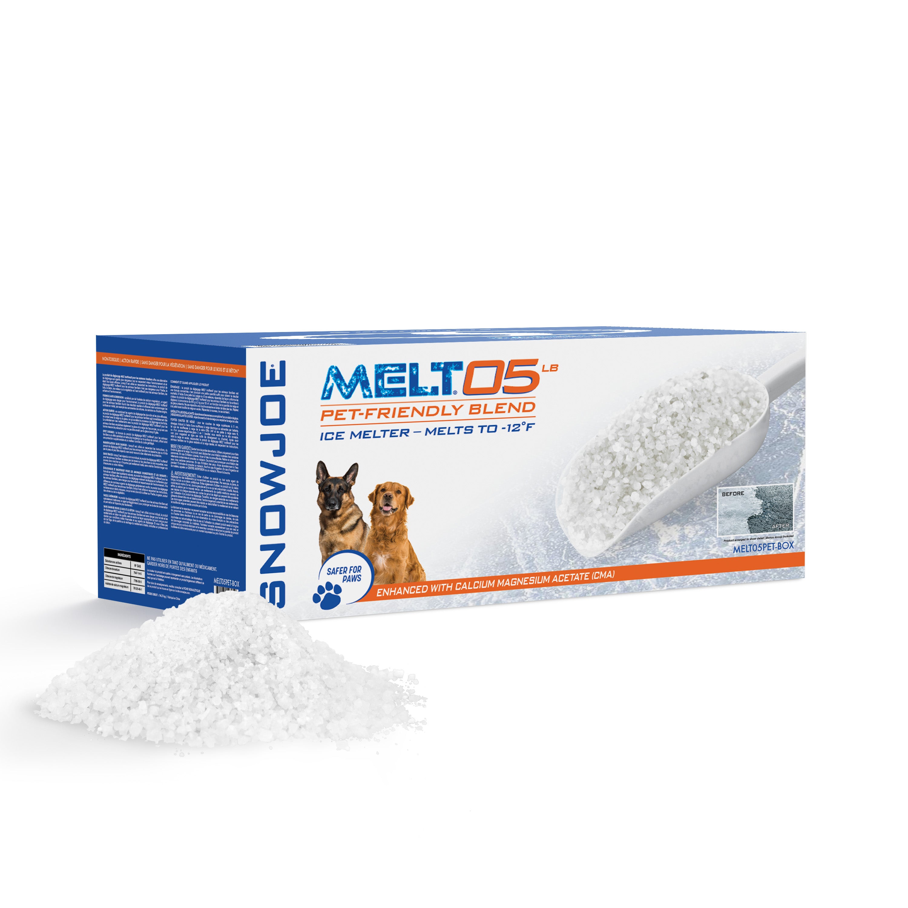 Snow Joe 5-pound box of Pet-Safer Premium Ice Melt with a pile of melt in front of the box.