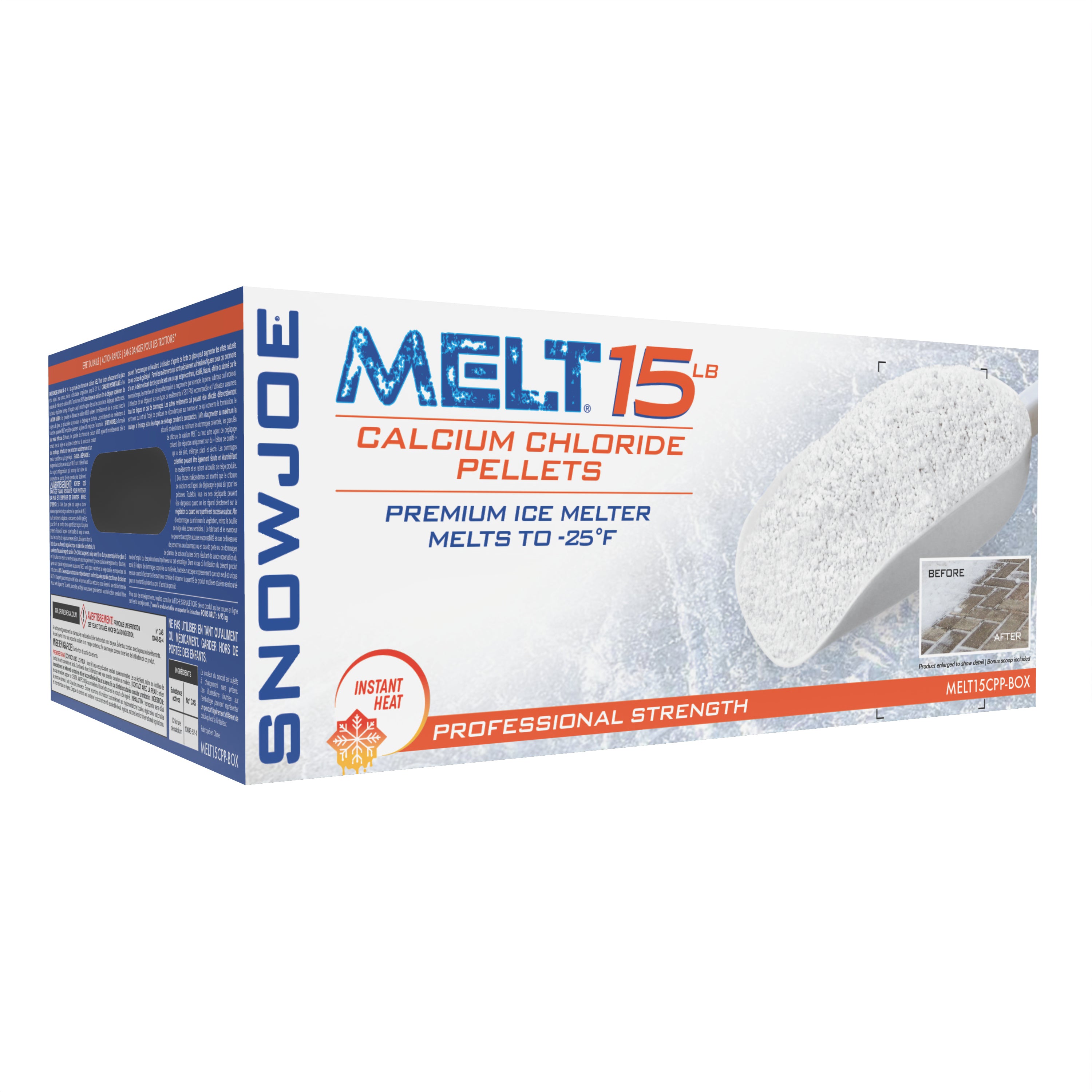 Snow Joe 15-pound box of Pure Calcium Chloride Ice Melt Pellets.