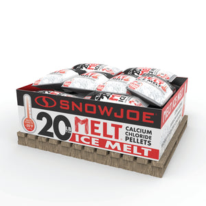 Box filled with Snow Joe 20-pound bag of Pure Calcium Chloride Ice Melt Pellets on a pallet.