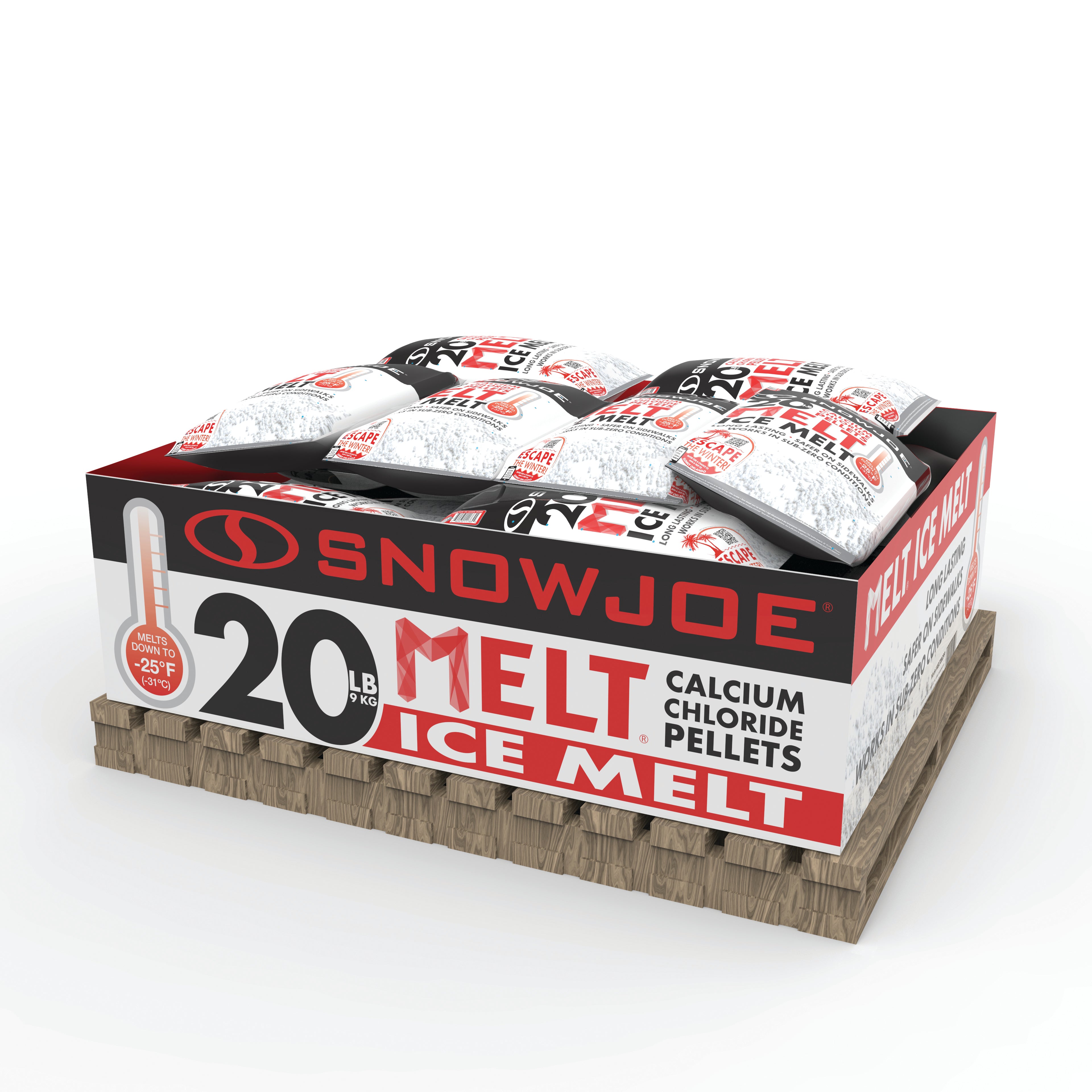 Box filled with Snow Joe 20-pound bag of Pure Calcium Chloride Ice Melt Pellets on a pallet.