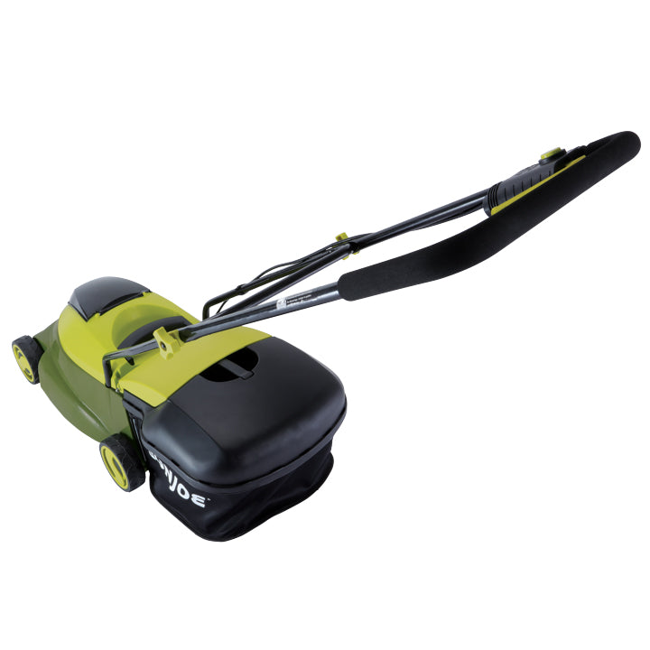 Rear-angled view of the Sun Joe 24-Volt Cordless 14-inch Lawn Mower.