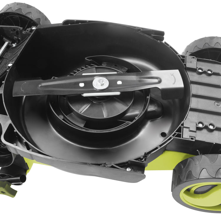 Underside view of the Sun Joe 12-amp 13-inch Electric Lawn Mower.