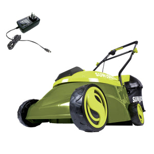 Sun Joe 28-volt 4-amp 14-inch Cordless Lawn Mower with charger.