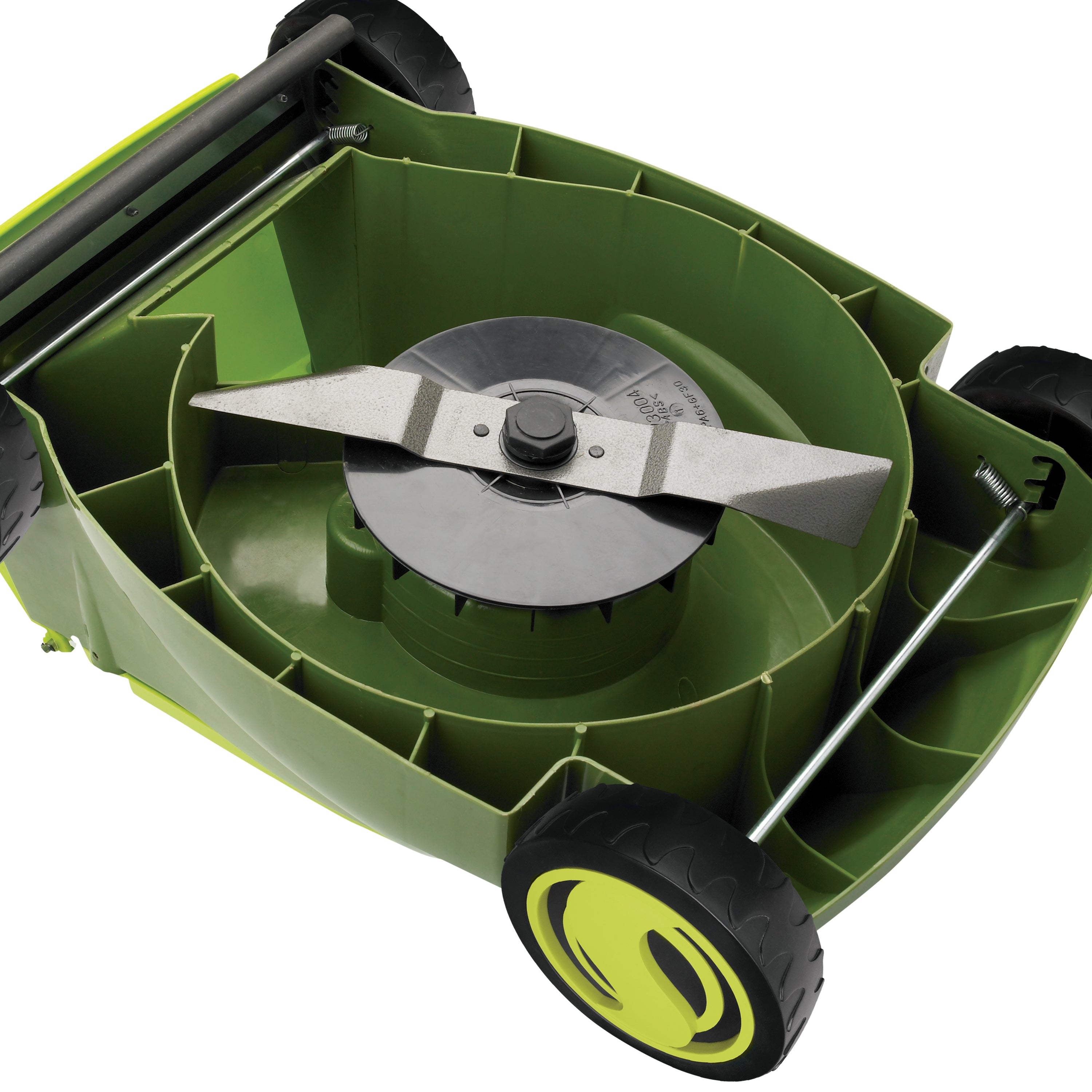 Underside view of the Sun Joe 12-amp 14-inch Electric Lawn Mower.