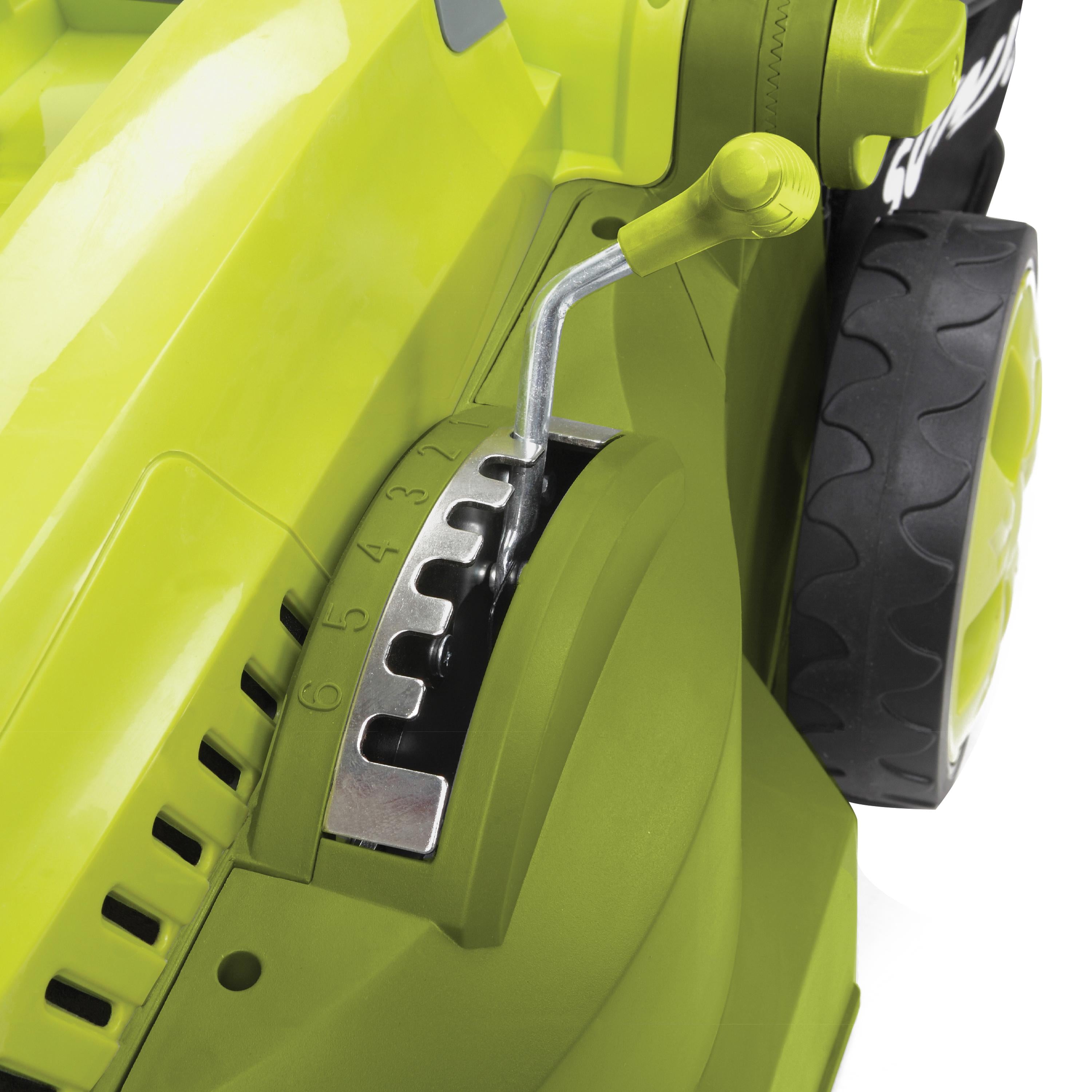 Close-up of the cutting height adjustment lever on the Sun Joe 12-amp 16-inch Electric Lawn Mower.