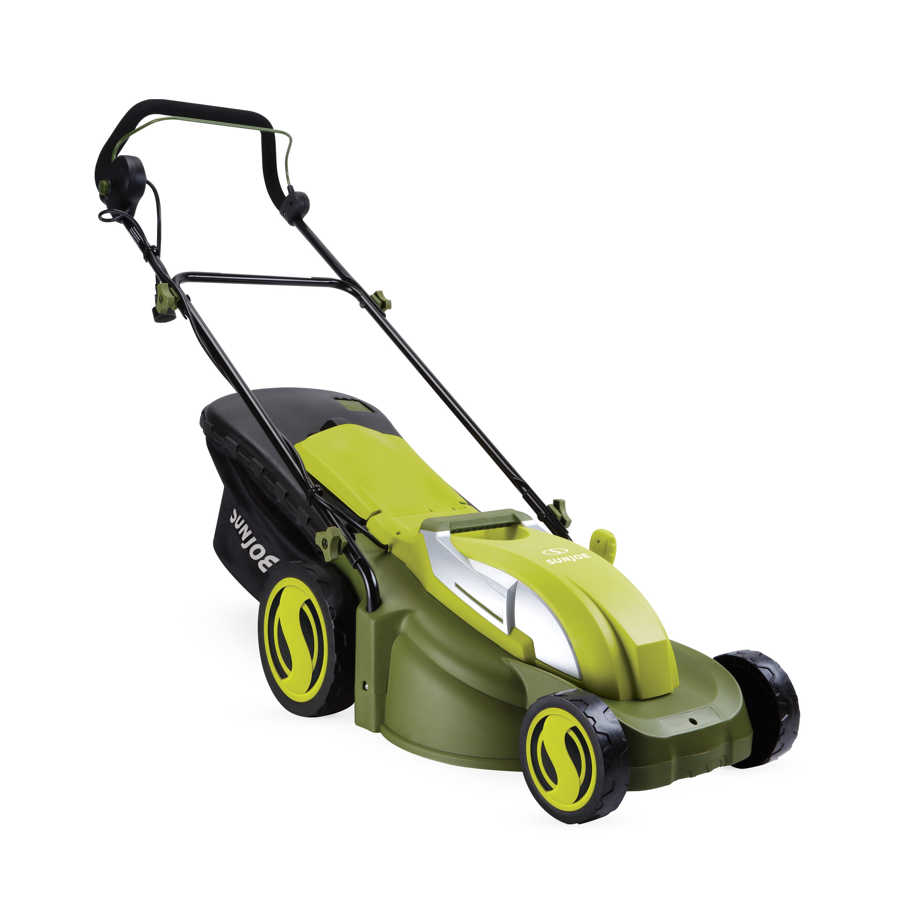 Angled view of the Sun Joe 13-amp 17-inch Electric Lawn Mower and Mulcher.