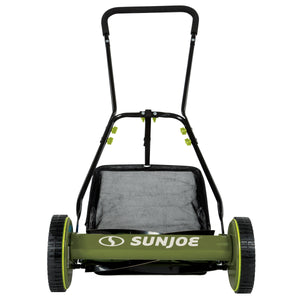 Rear view of the Sun Joe 16-inch Manual Reel Lawn Mower with grass catcher.