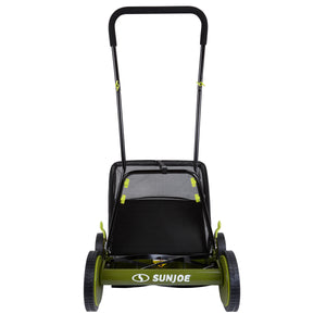 Rear view of the Sun Joe 18-inch manual reel mower with grass catcher.