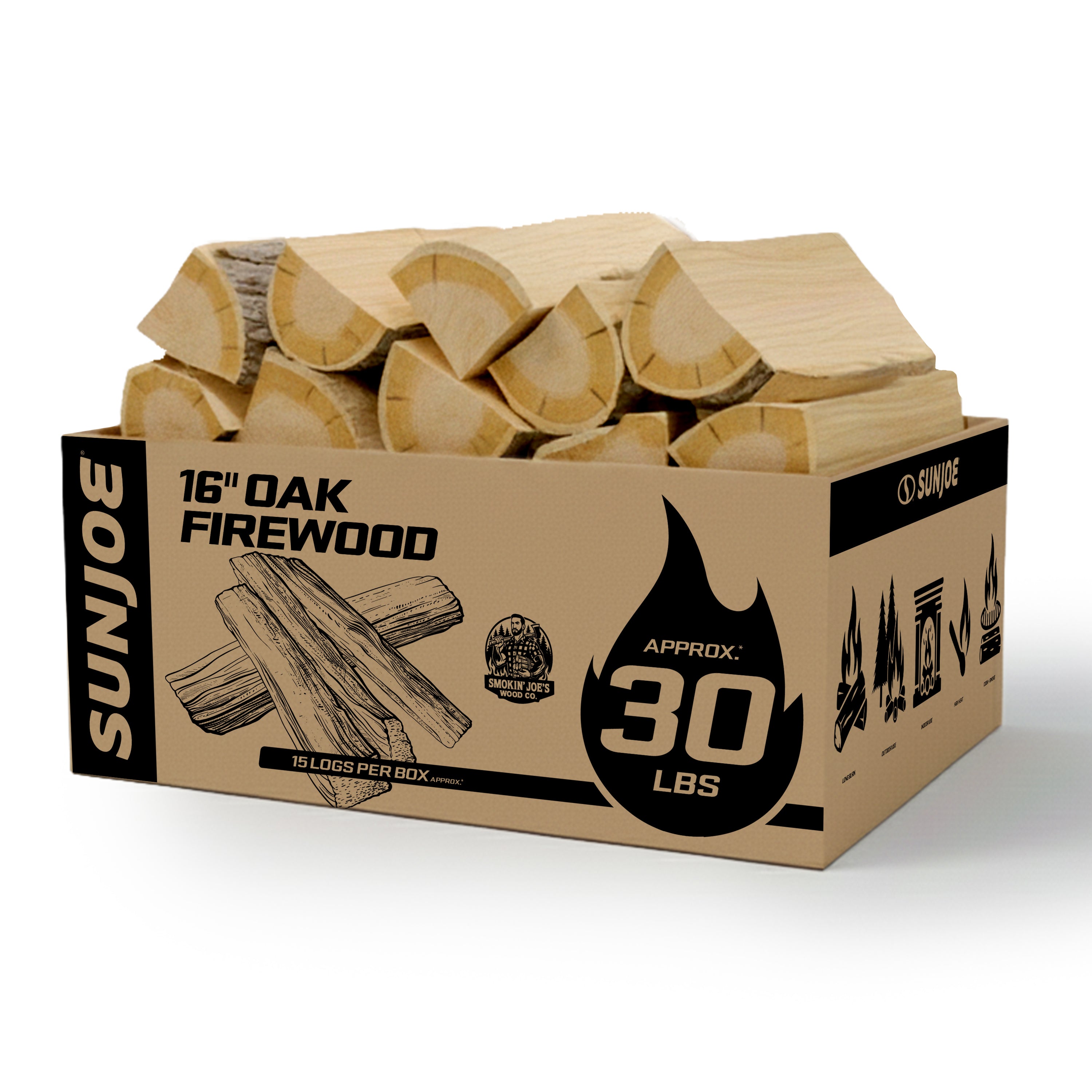 Sun Joe 16'' Oak Firewood | 100% Natural Kiln-Dried for Fireplaces, Campfires, Wood Stoves, Fire Pits & Grills | 30-Lb. Box