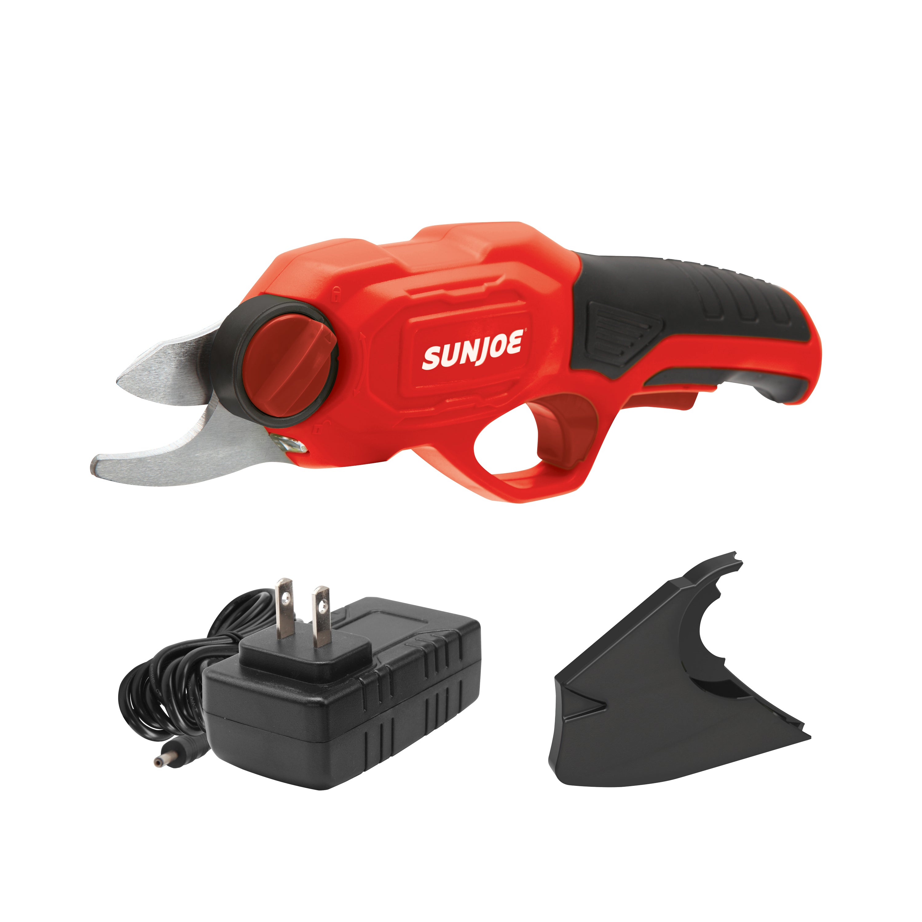 Sun Joe 3.6-volt red Cordless Rechargeable Power Pruner with charger and blade cover.