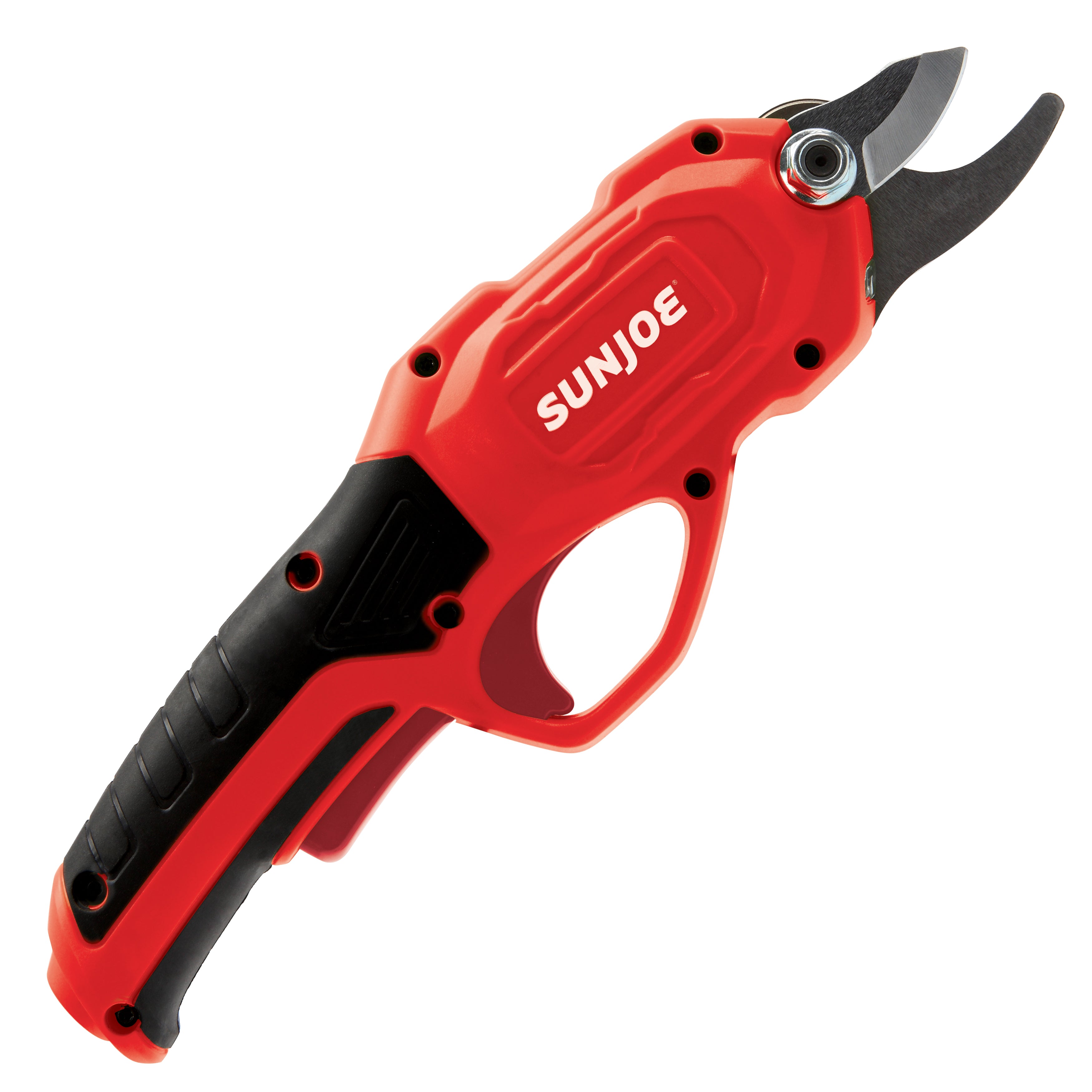 Right-side view of the Sun Joe 3.6-volt red Cordless Rechargeable Power Pruner.