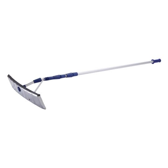 Angled view of the Snow Joe 21-foot aluminum telescoping snow shovel roof rake.