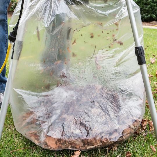 Close-up of the plastic bag collecting leaves attached to the Sun Joe 13-amp Electric Leaf Mulcher and Shredder.