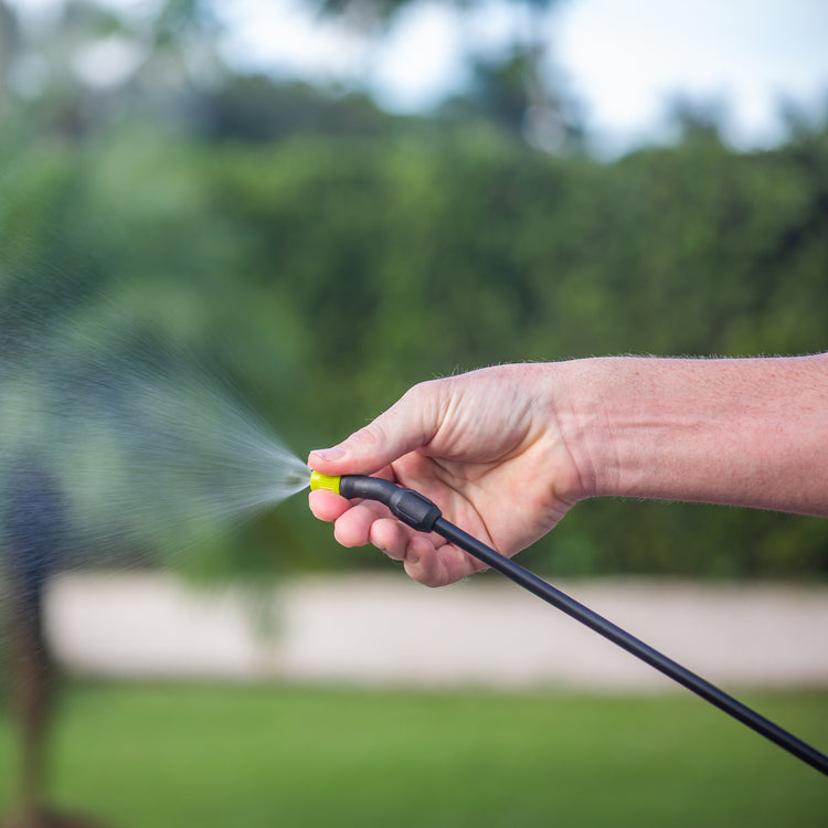 Close-up of the fan spray from the Sun Joe 4-volt 2-gallon Cordless All Purpose Chemical Sprayer.