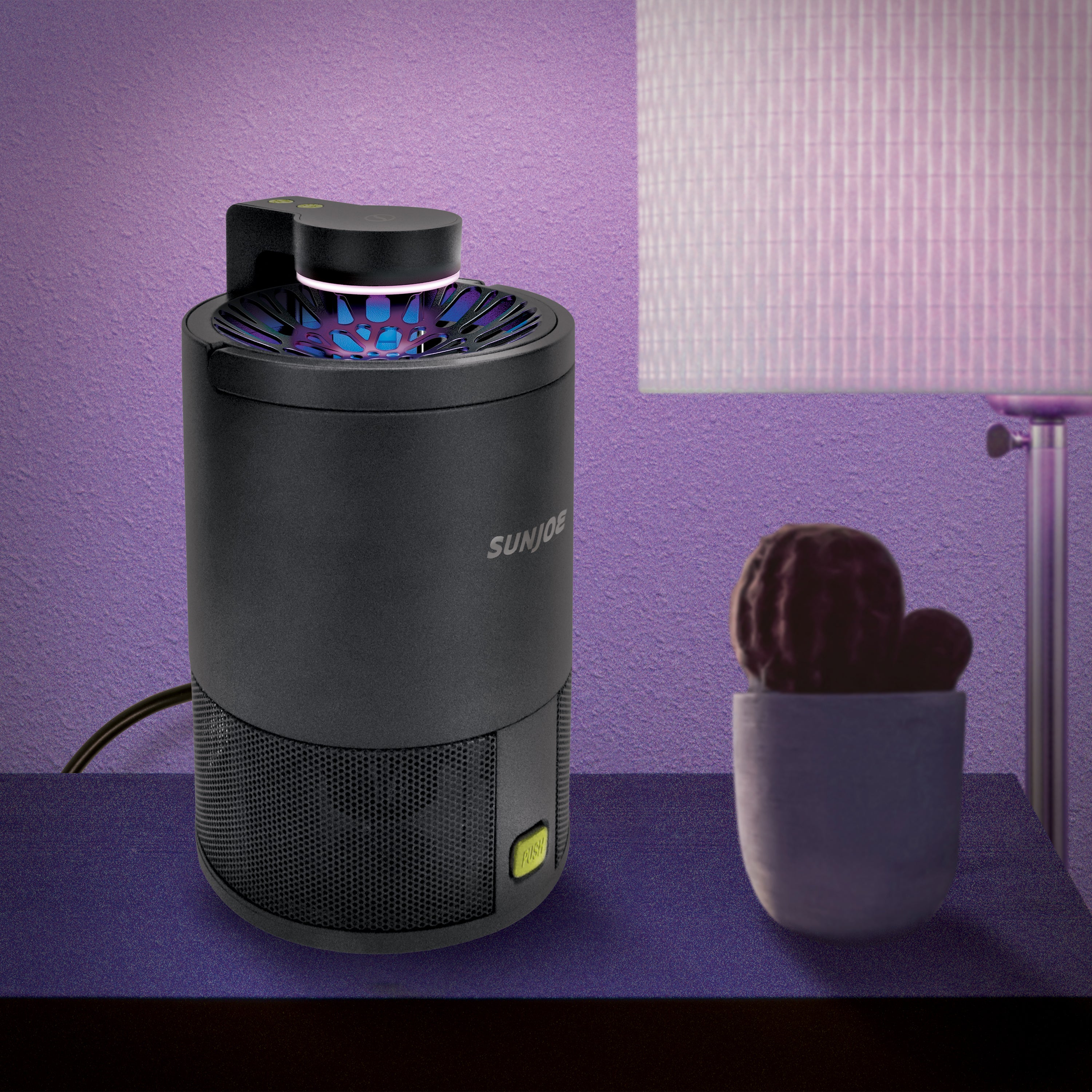 Sun Joe black non-toxic UV Indoor Insect Trap on a side table next to a cactus with the UV light creating a purple hue around it.