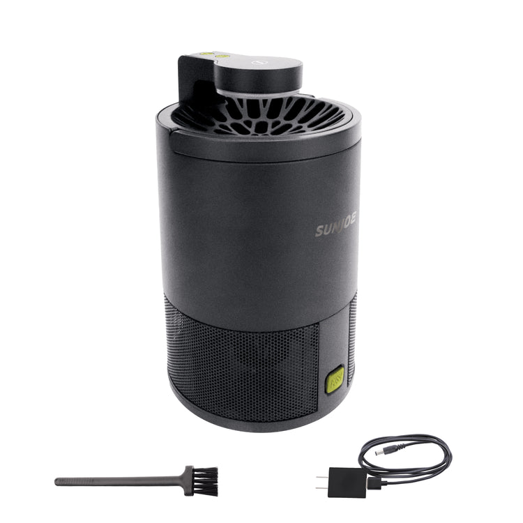 Sun Joe black non-toxic UV Indoor Insect Trap plus a power cable and cleaning brush.