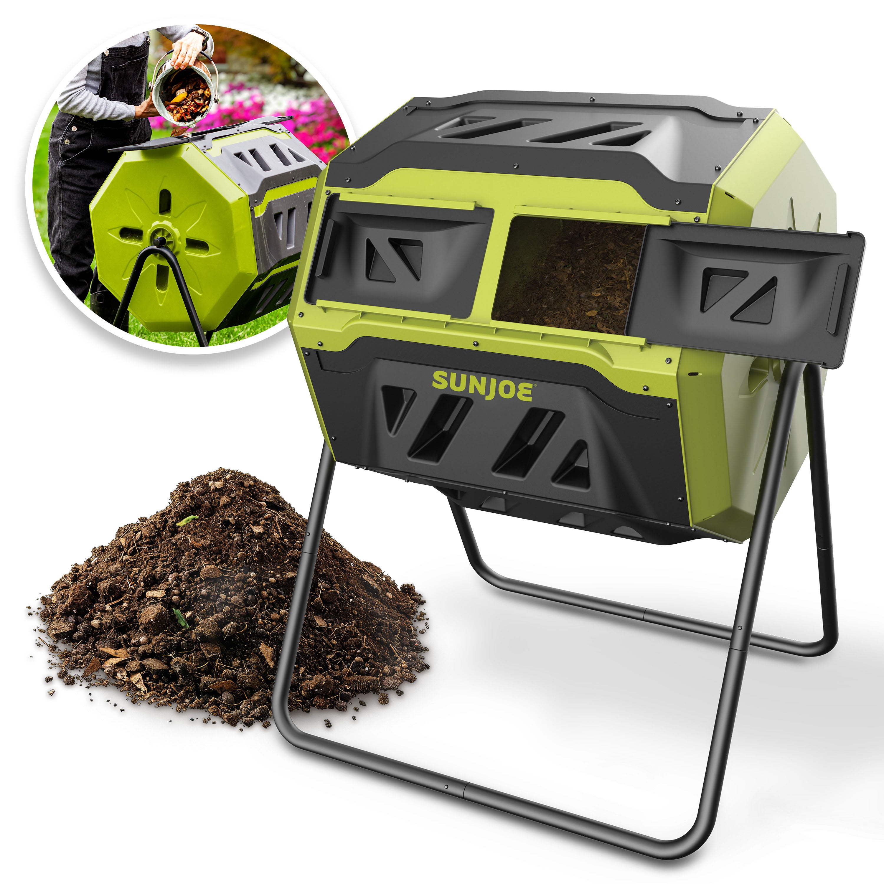 Sun Joe SJ-CMPS1 All-Season Outdoor Tumbling Composter | Dual Sliding Chamber | 42-Gallon | 2-10 Weeks | BPA-Free Material