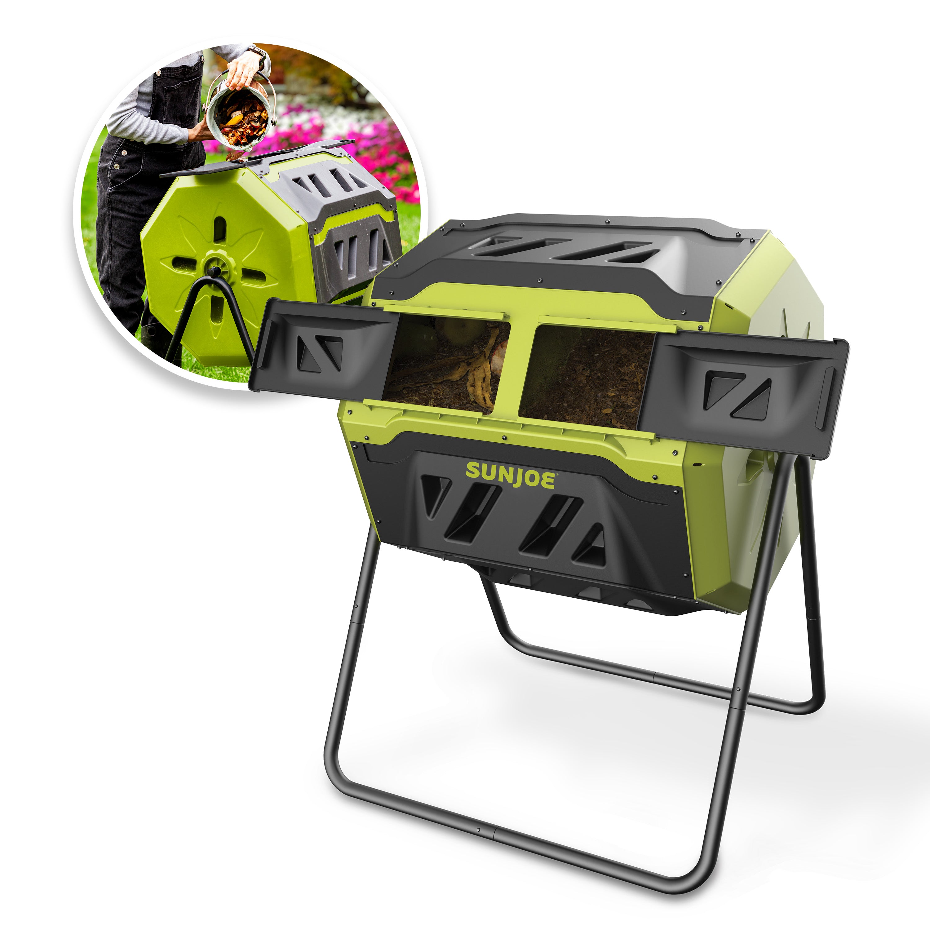 Sun Joe SJ-CMPS1 All-Season Outdoor Tumbling Composter | Dual Sliding Chamber | 42-Gallon | 2-10 Weeks | BPA-Free Material